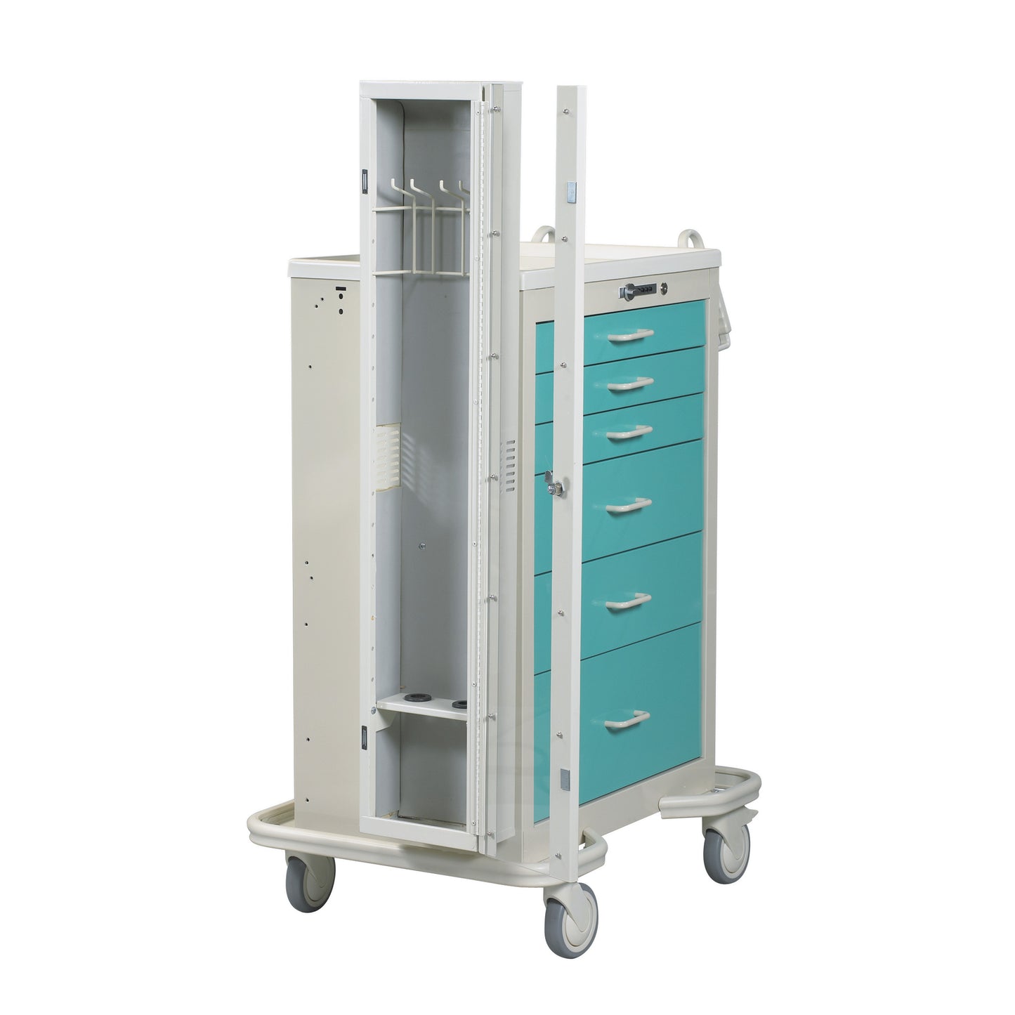 Medical cart with teal drawers and an open AliMed Cart Accessory: Scope Holder for Select/Standard/Wide Series Medical Carts.