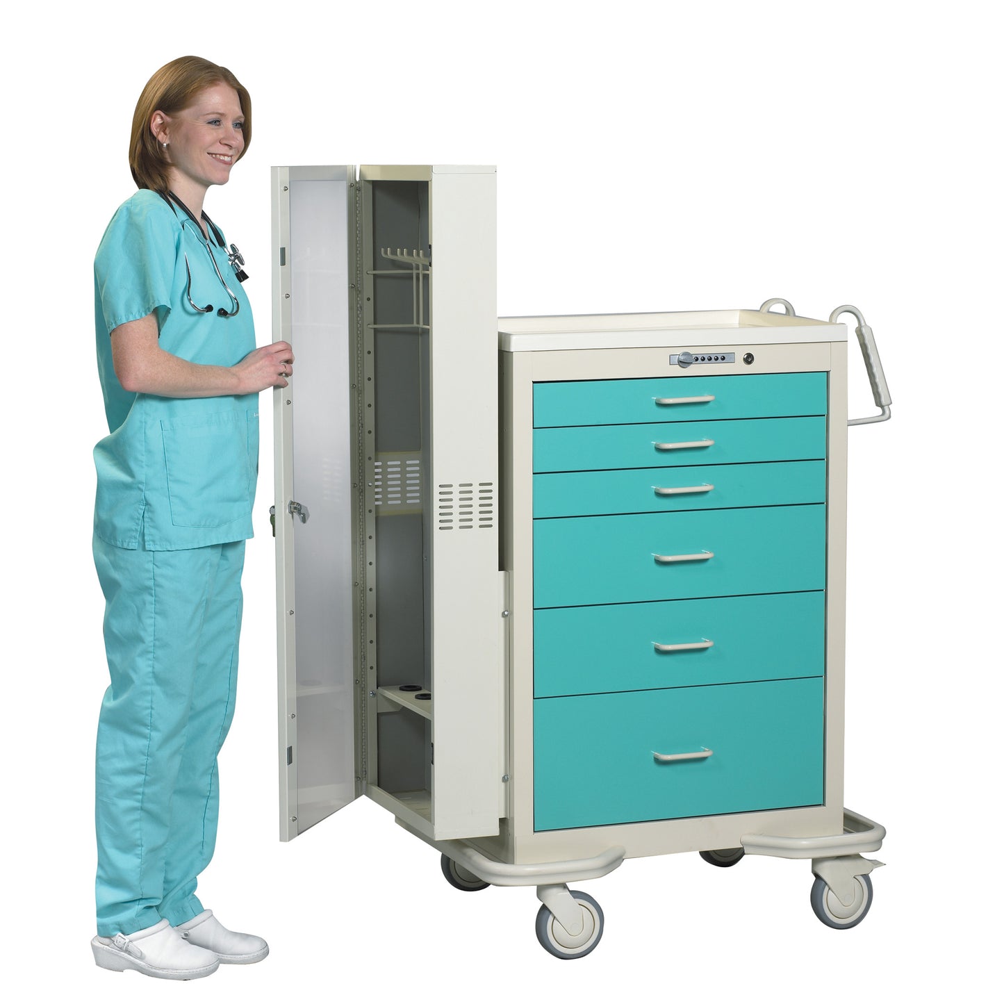 A nurse stands beside an open AliMed Cart Accessory: Scope Holder for Select/Standard/Wide Series Medical Carts with teal drawers.