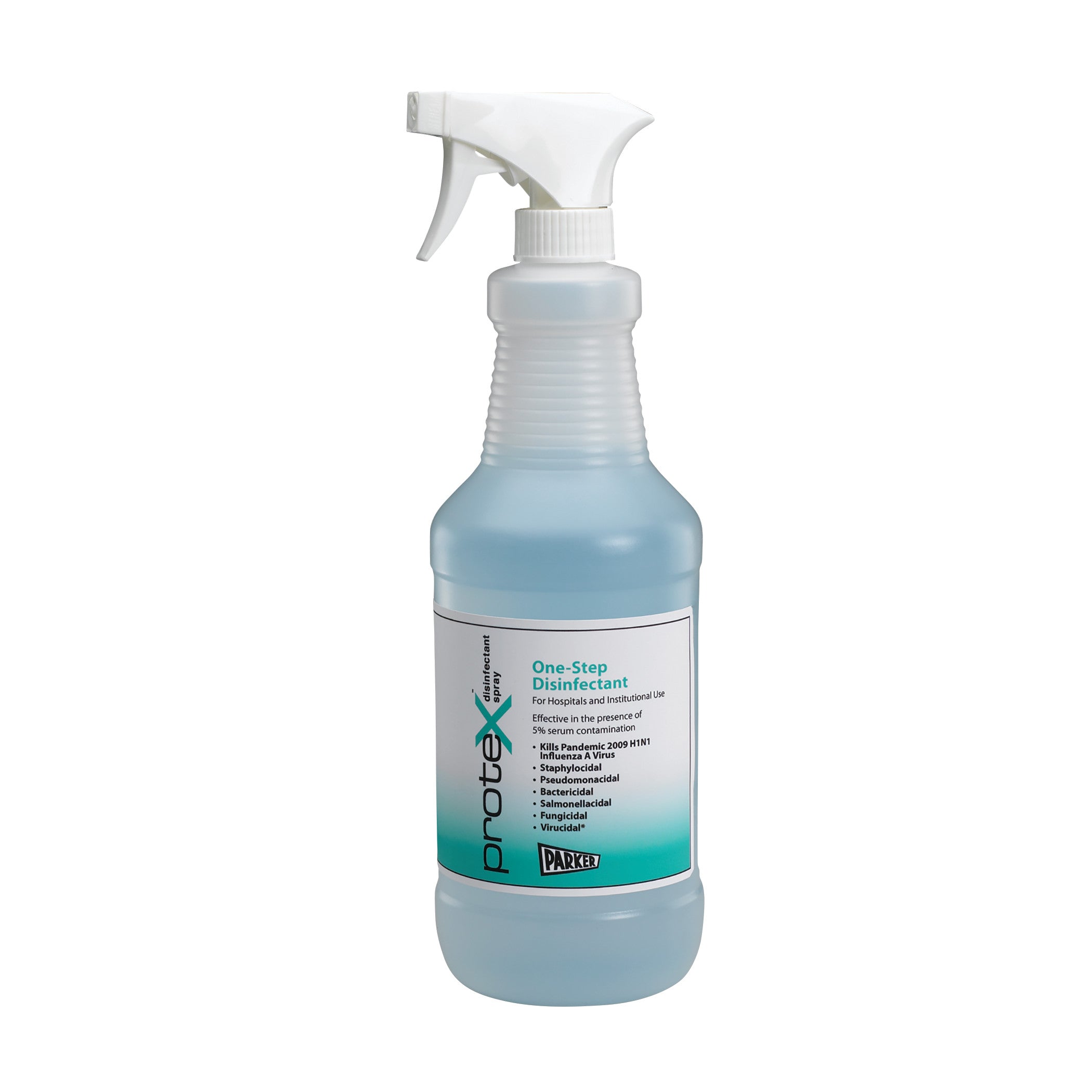 A bottle of Parker Protex Disinfectant Spray with a spray nozzle and label detailing its use as a one-step disinfectant.