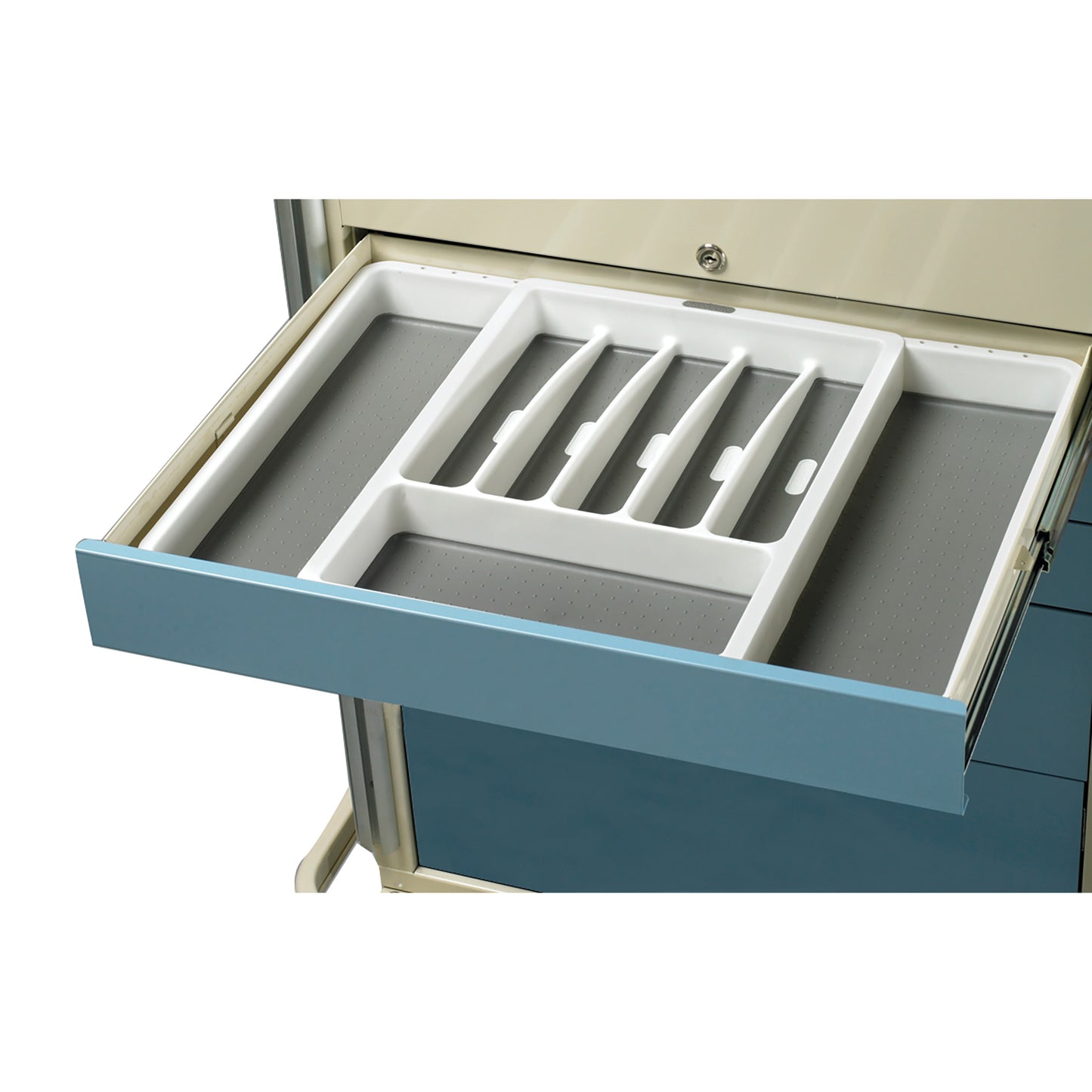 An AliMed Cart Accessory: Expandable Tray for Select/Standard Series Medical Carts, shown in an open drawer with compartments.