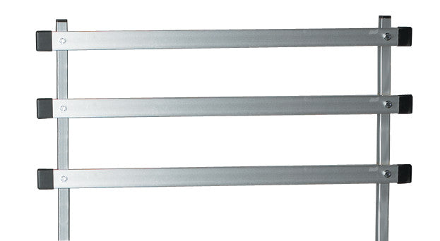 Metal rack with three horizontal rails and black end caps. It's the AliMed Cart Accessory: Trellis System for medical carts.