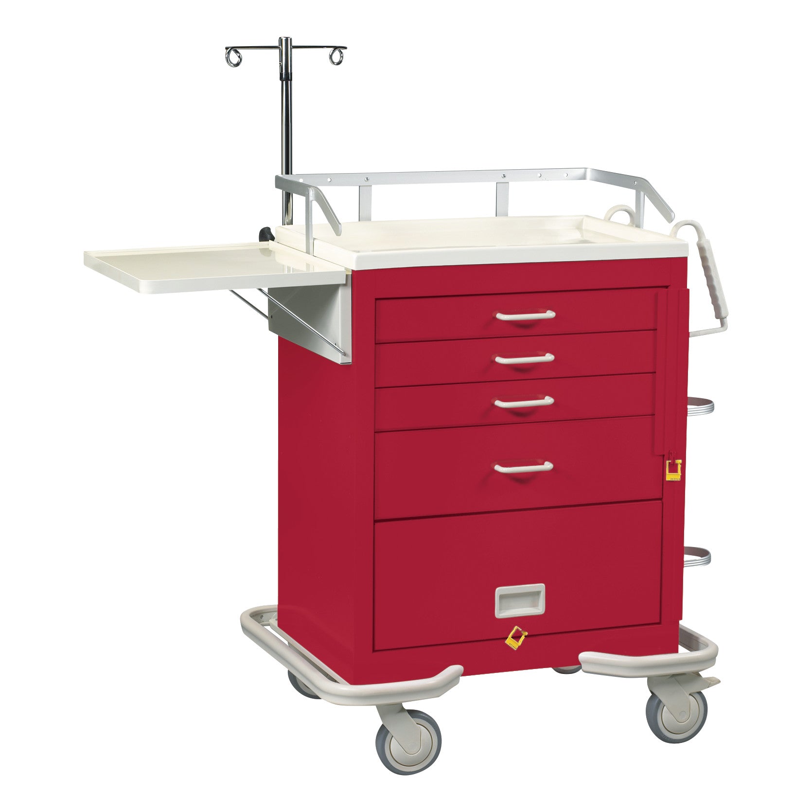 Red AliMed Standard Series Emergency Medical Cart with IV pole, side shelf, and five drawers. Includes accessory packages.