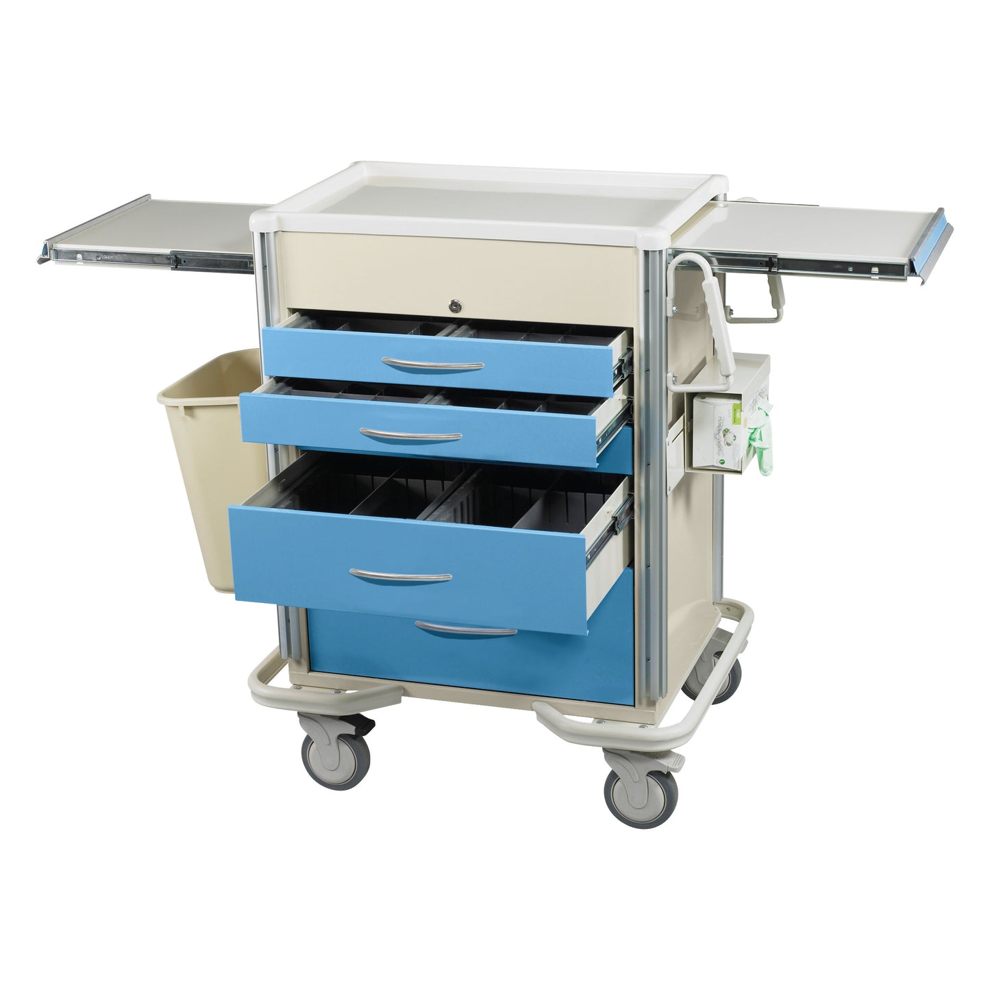 An AliMed Select Series Anesthesia Medical Cart with blue drawers, side trays, and wheels. Features include accessory packages.