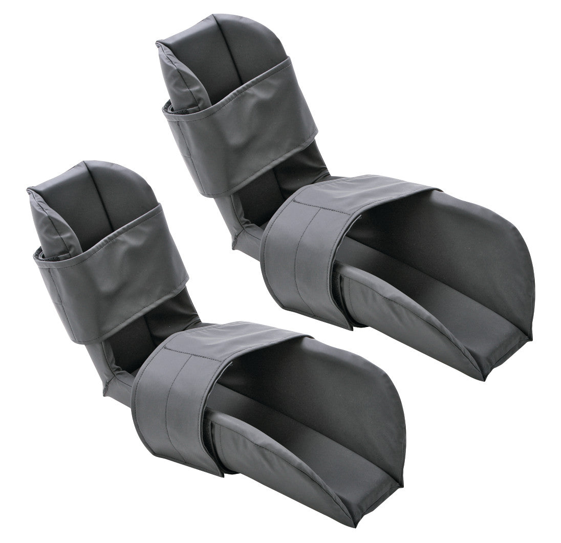 Two gray AliMed Lithotomy Boot Pads with cushioning and adjustable straps for comfort and support during medical procedures.