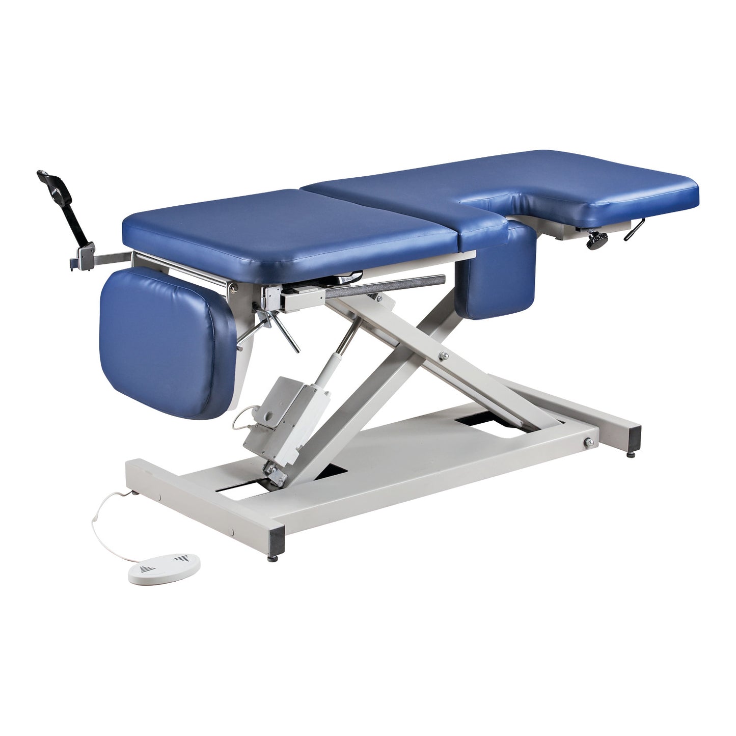 A Clinton Multi-Use Power Imaging Table with Stirrups, featuring blue cushioned segments and adjustable height, on a metal base.