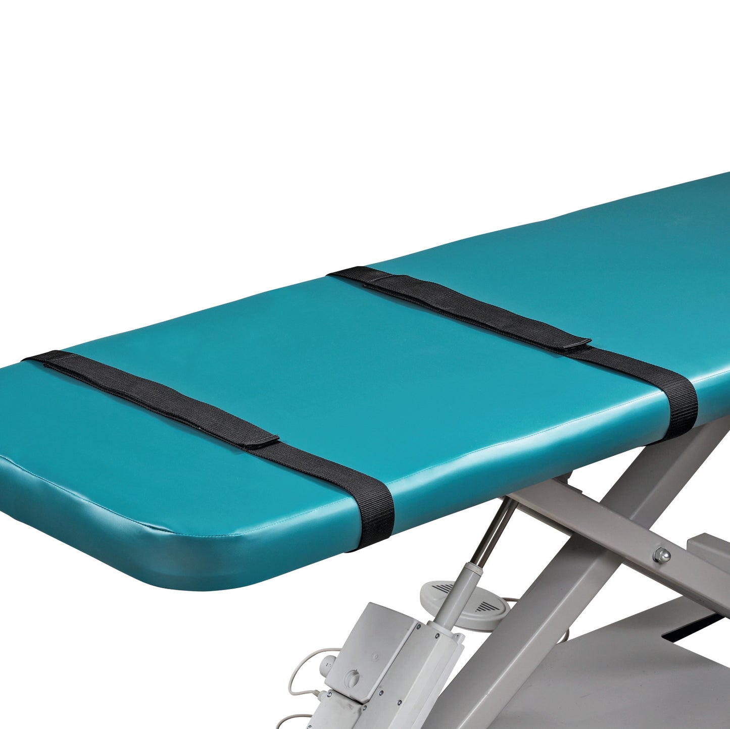 A teal Clinton Power Table with a Positioning Straps Set, featuring three black straps over the surface.