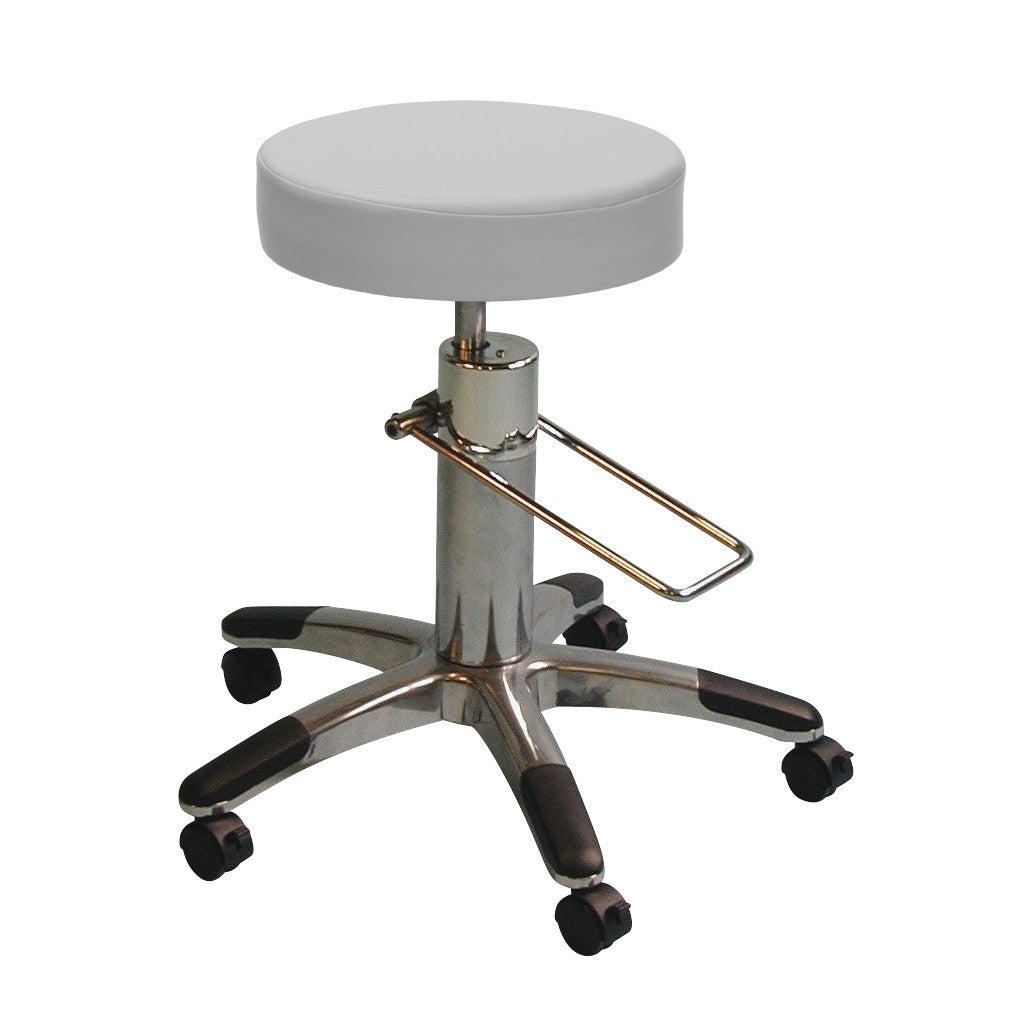 A Brandt Industries Hydraulic Stool with a round gray seat, metal base, five wheels, and a footrest.