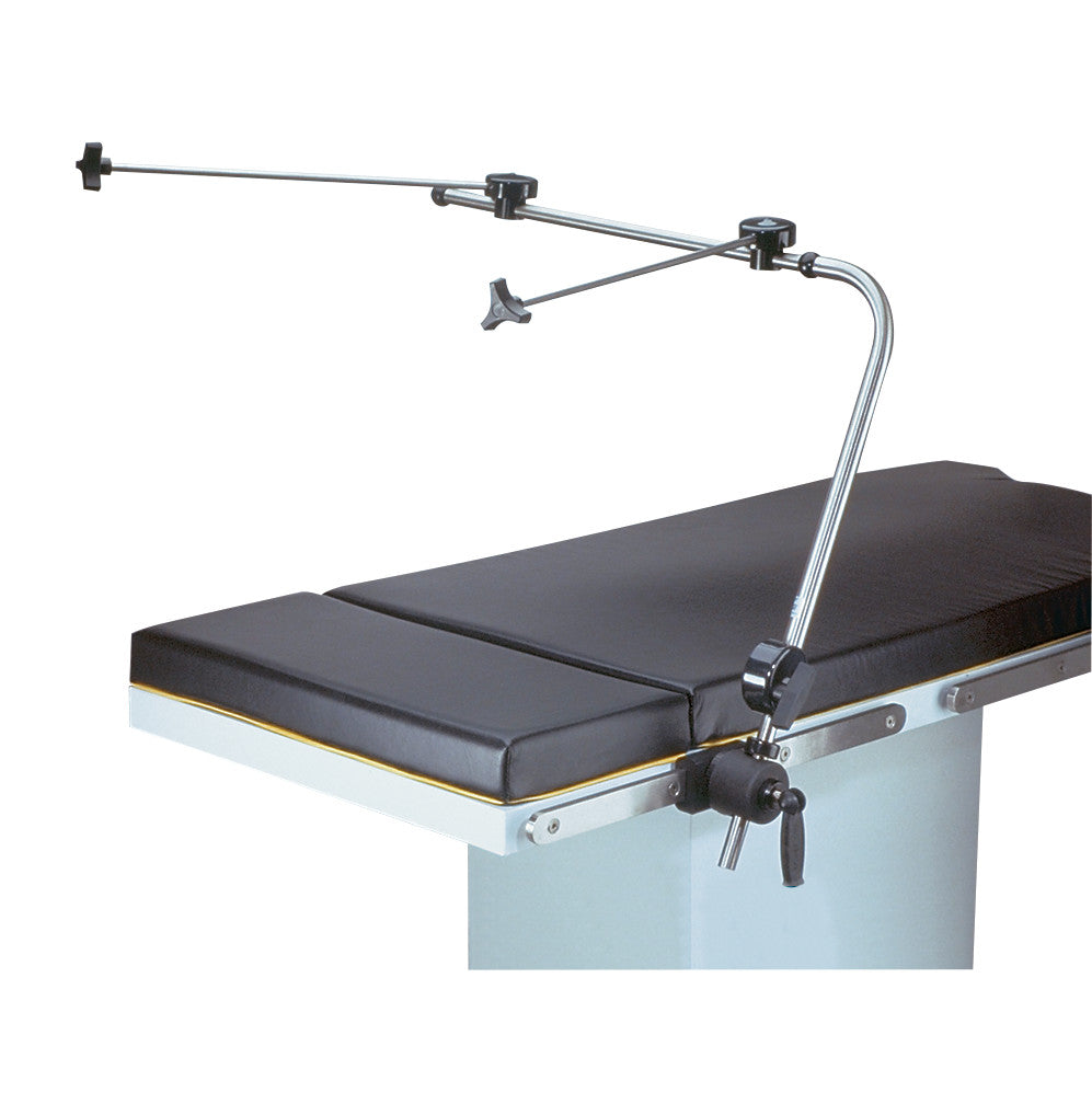 Allen Winged Anesthesia Screen, ASLWT attached to an operating table, featuring adjustable metallic arms and black cushions.