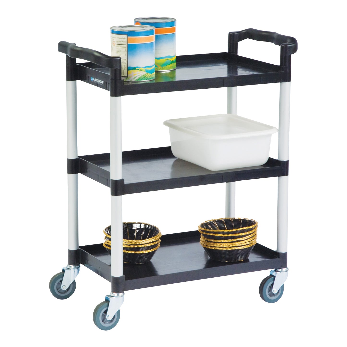 Lakeside Standard Duty Plastic Utility Cart with Dual Handles, featuring three tiers holding cans, a bin, and baskets, on caster wheels.