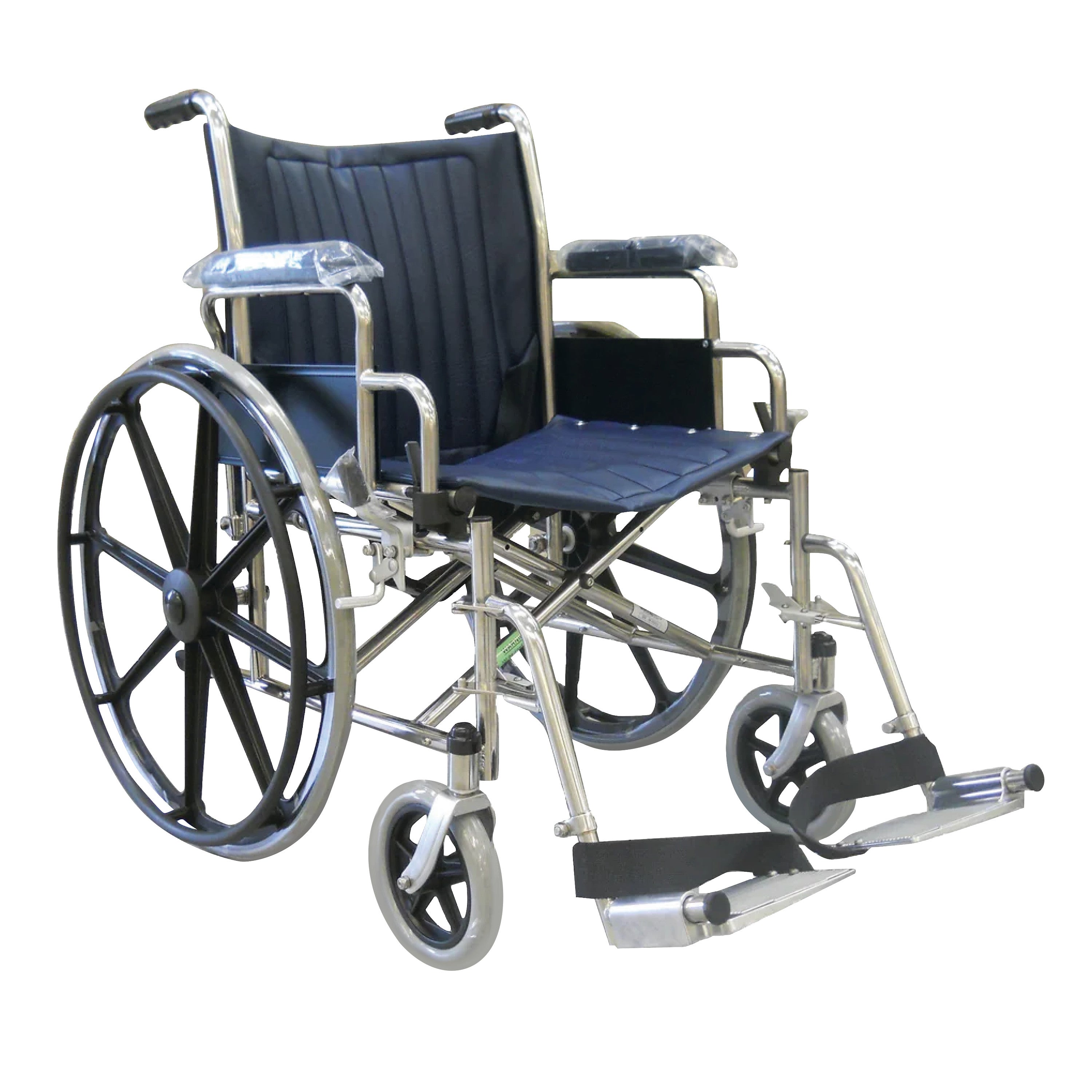 Nonmagnetic MRI Wheelchair with Removable Full Arms and Fixed Footrests. Features maroon seat, chrome frame, and black wheels.