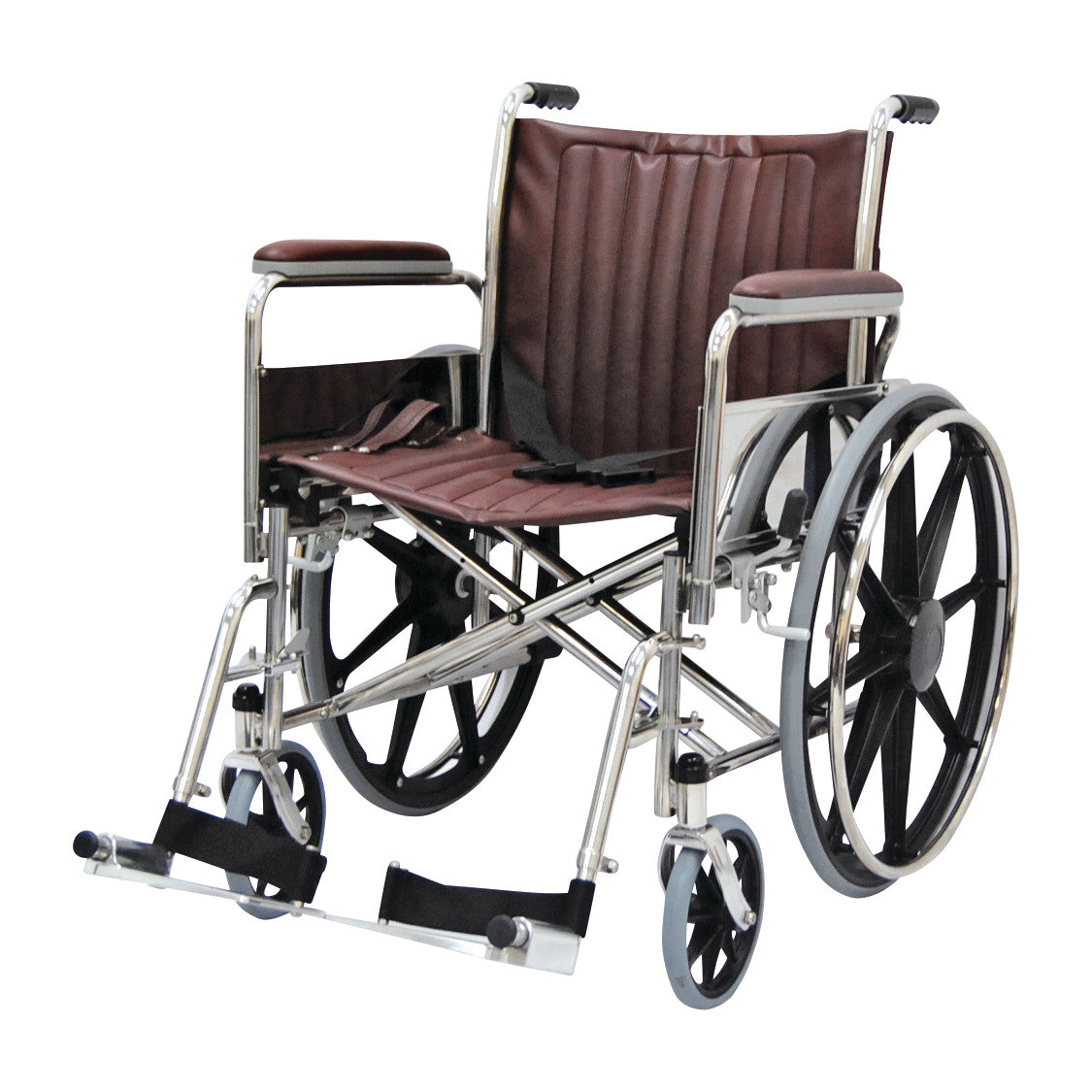 A Nonmagnetic MRI Wheelchair with Removable Full Arms and Swing-Away Footrests, featuring a brown seat and silver frame.