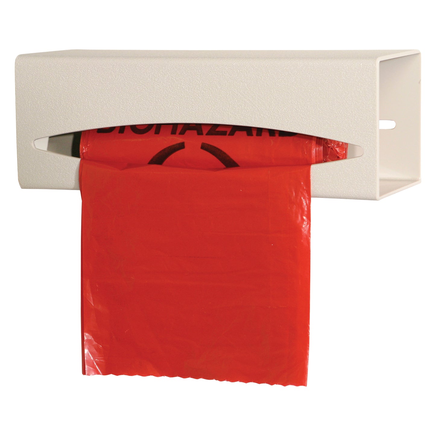 A Bowman ABS Bag Dispenser mounted on a wall holds a roll of red biohazard bags, partially dispensed through a front opening.