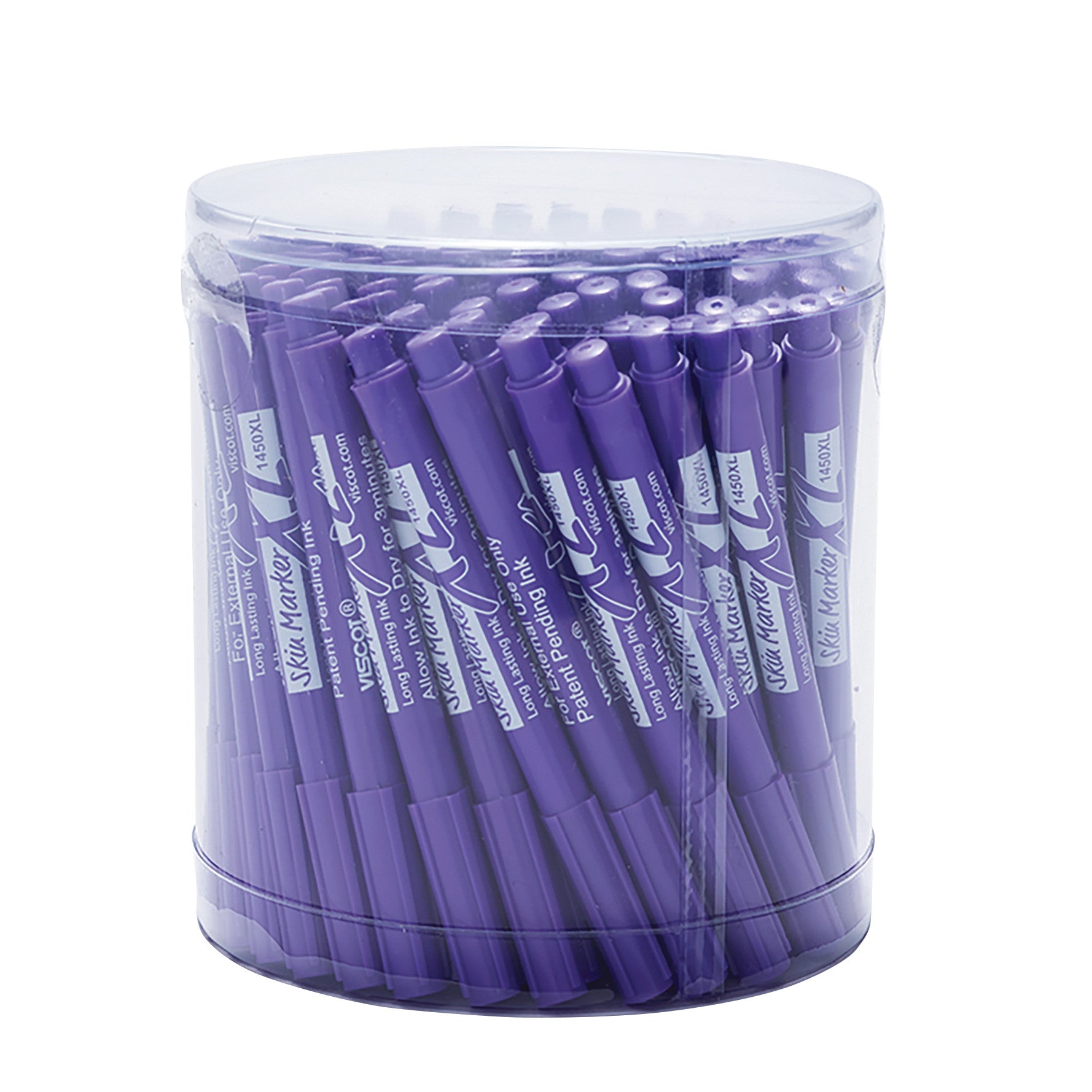 A plastic container holds multiple purple Viscot Mini XL Pre-Surgical Skin Markers neatly organized inside.
