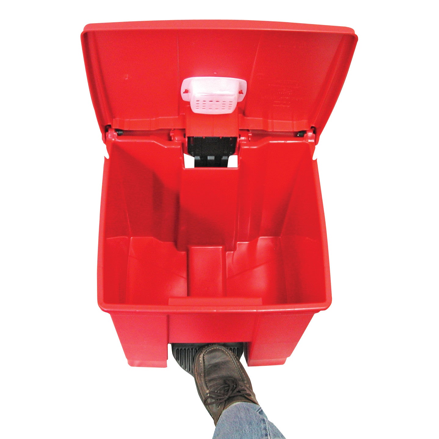 A red MRI-Safe 8-Gallon Waste Can with an open lid, activated by a foot pedal, is shown. A foot is pressing the pedal.