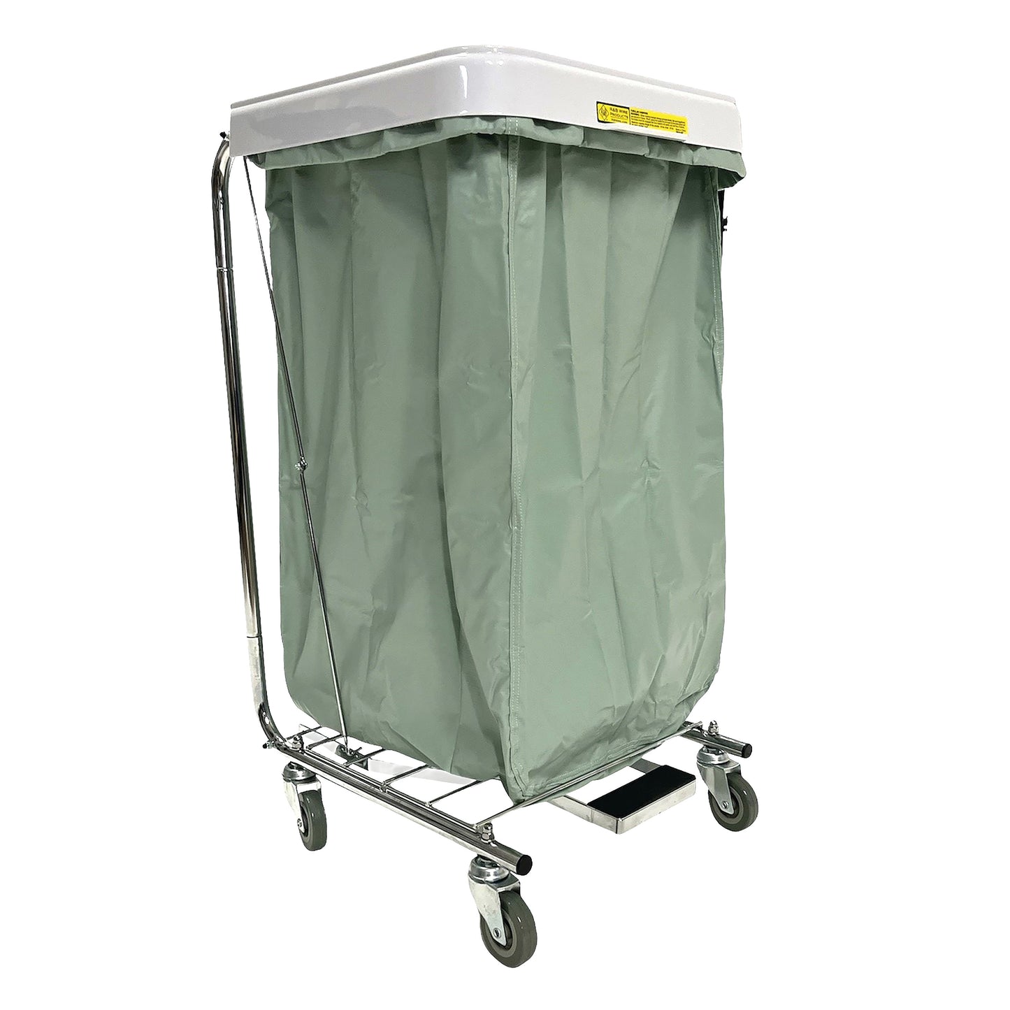 A Reusable Antimicrobial Hamper Bag in a grey-green fabric on a wheeled metal frame with a white lid.