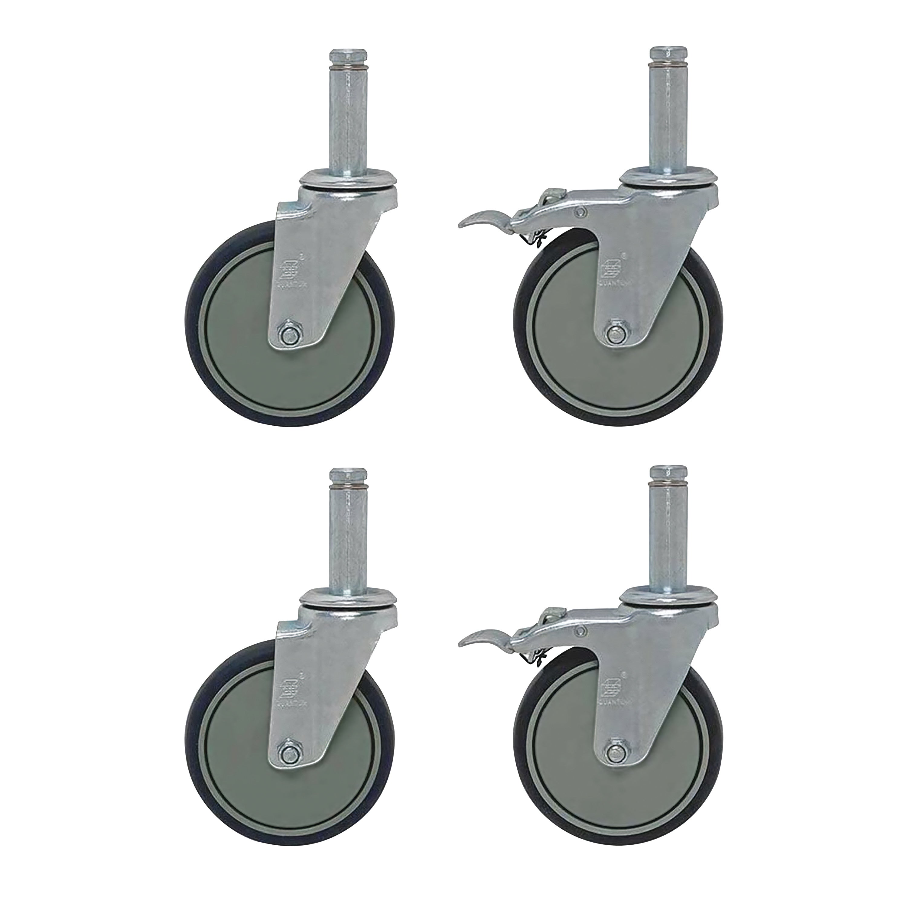 Mobile Caster Set for Quantum Shelves includes four gray wheels, two with brakes, featuring metal attachments and rubber rims.