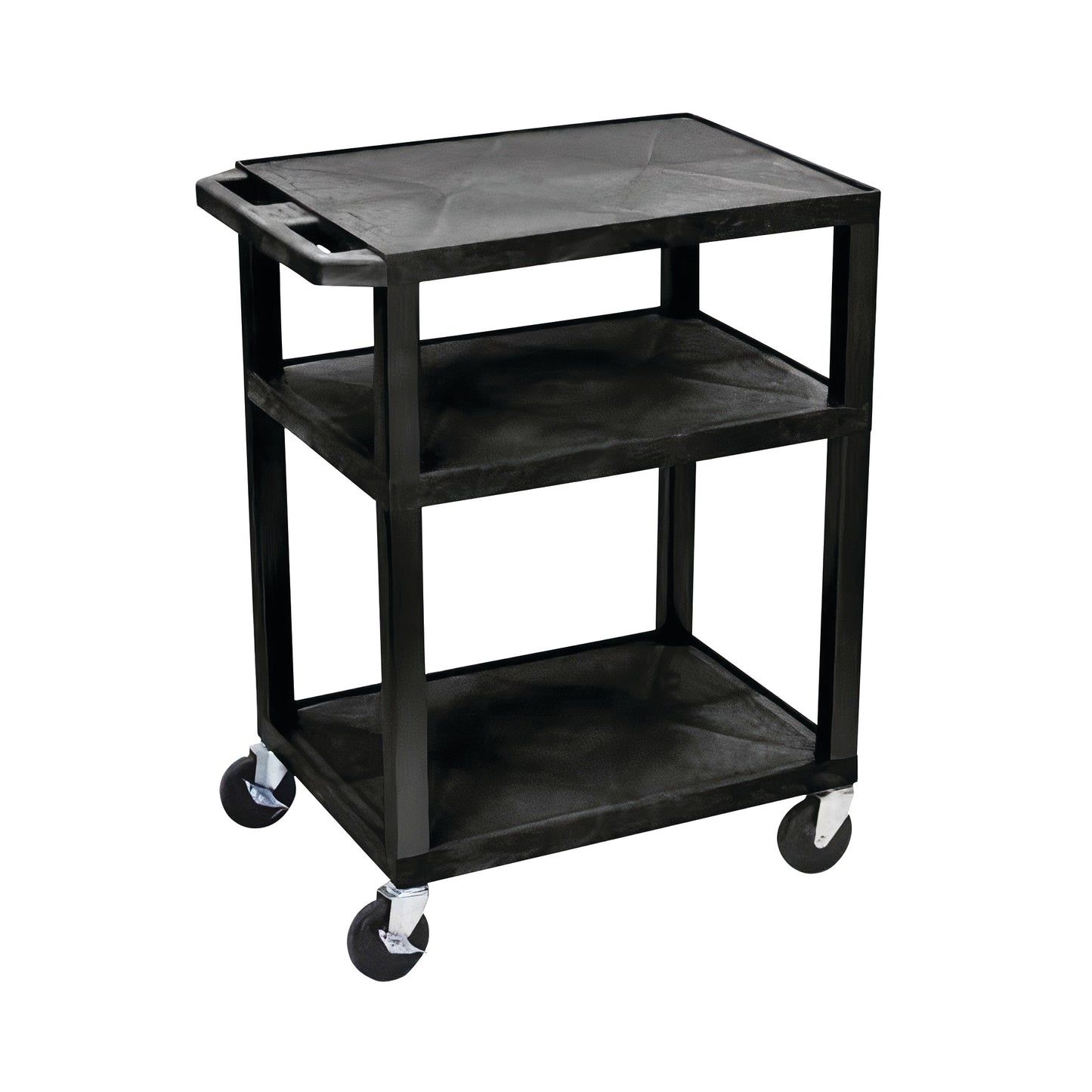 MRI Nonmagnetic Utility Cart with three black shelves and four caster wheels. It features a handle for easy maneuverability.