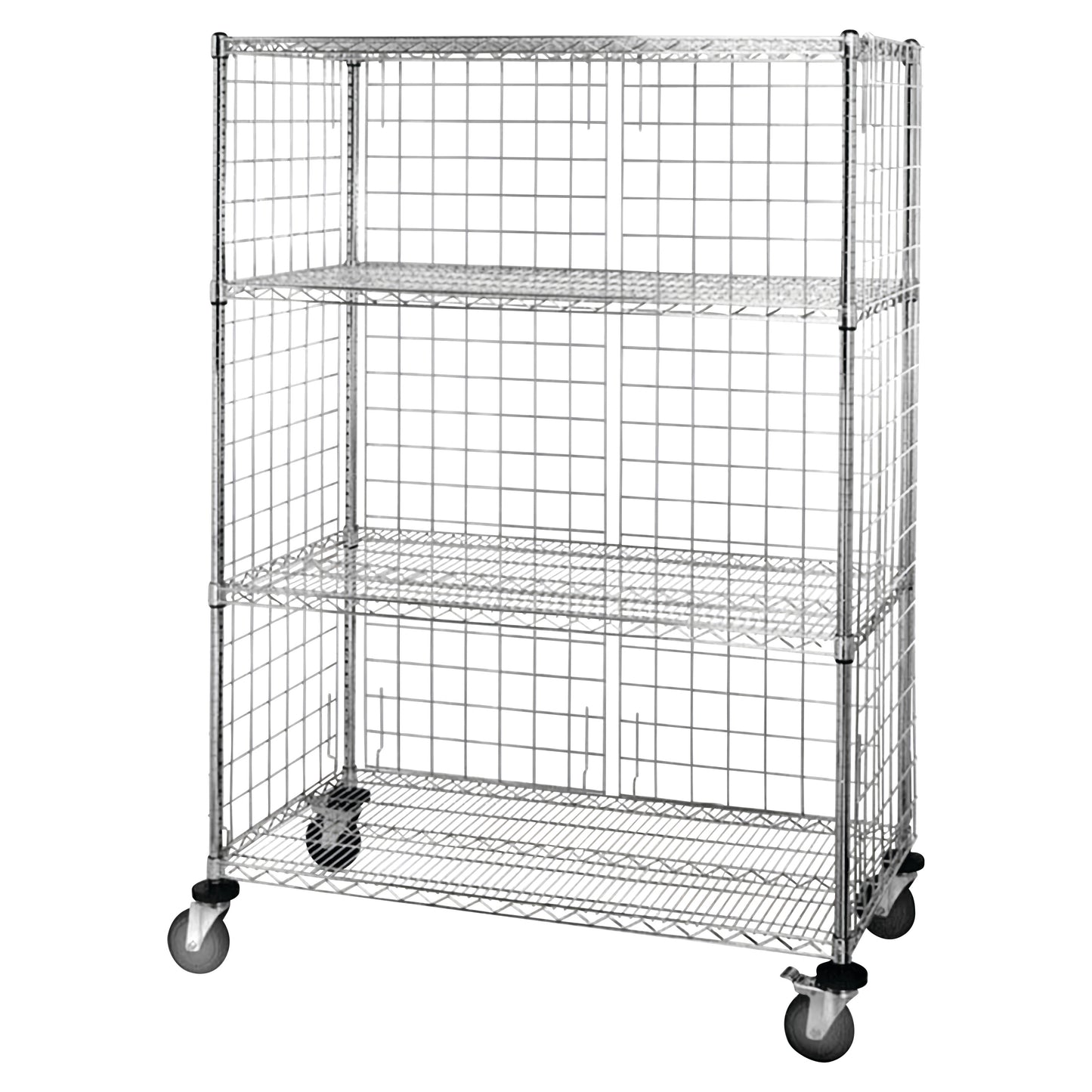 Quantum Chrome Wire Enclosure Exchange and Linen Cart with three shelves and four wheels, featuring a metal grid construction.