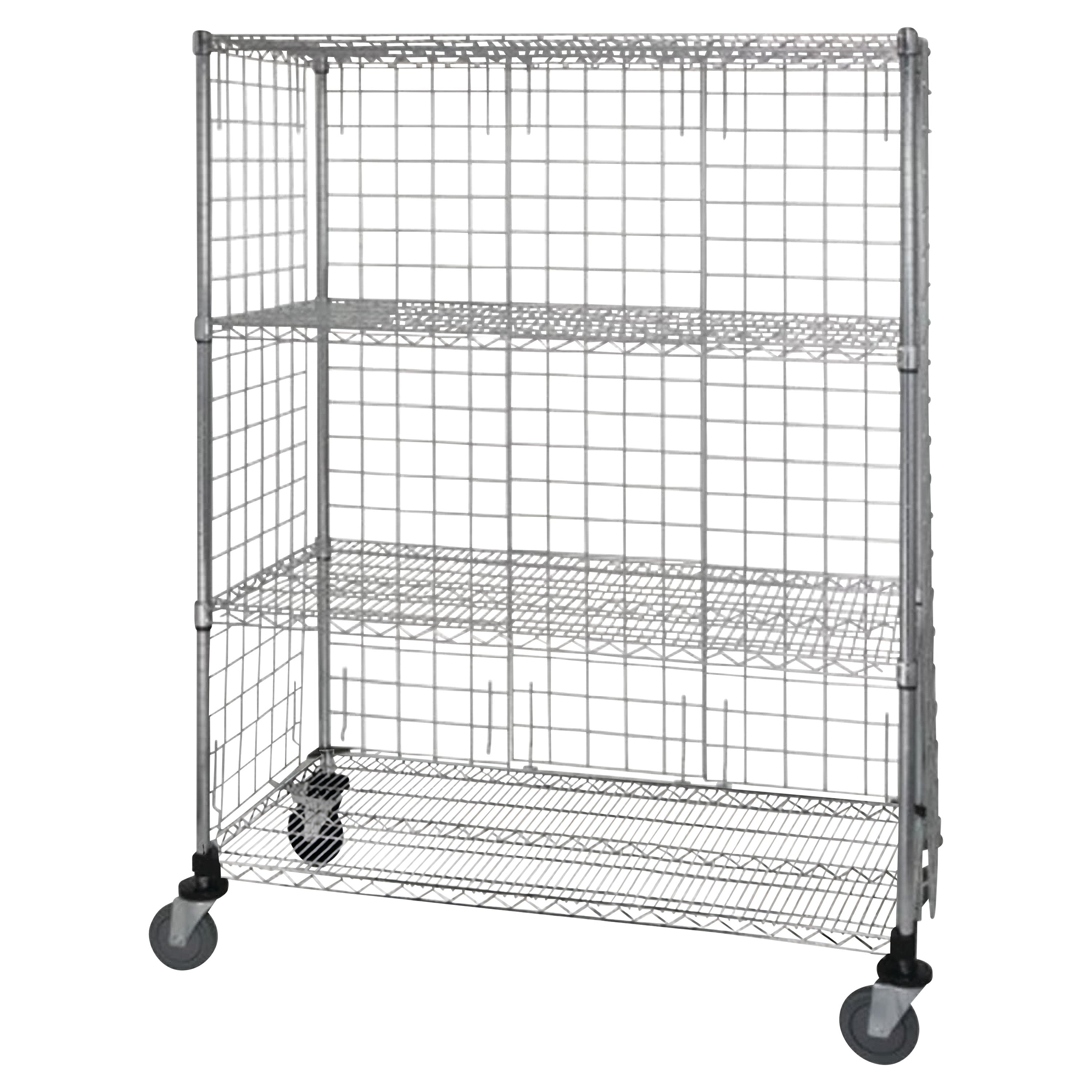 A Quantum Chrome Wire Enclosure Exchange and Linen Cart with three shelves and swivel wheels for mobility, made of metal wire.