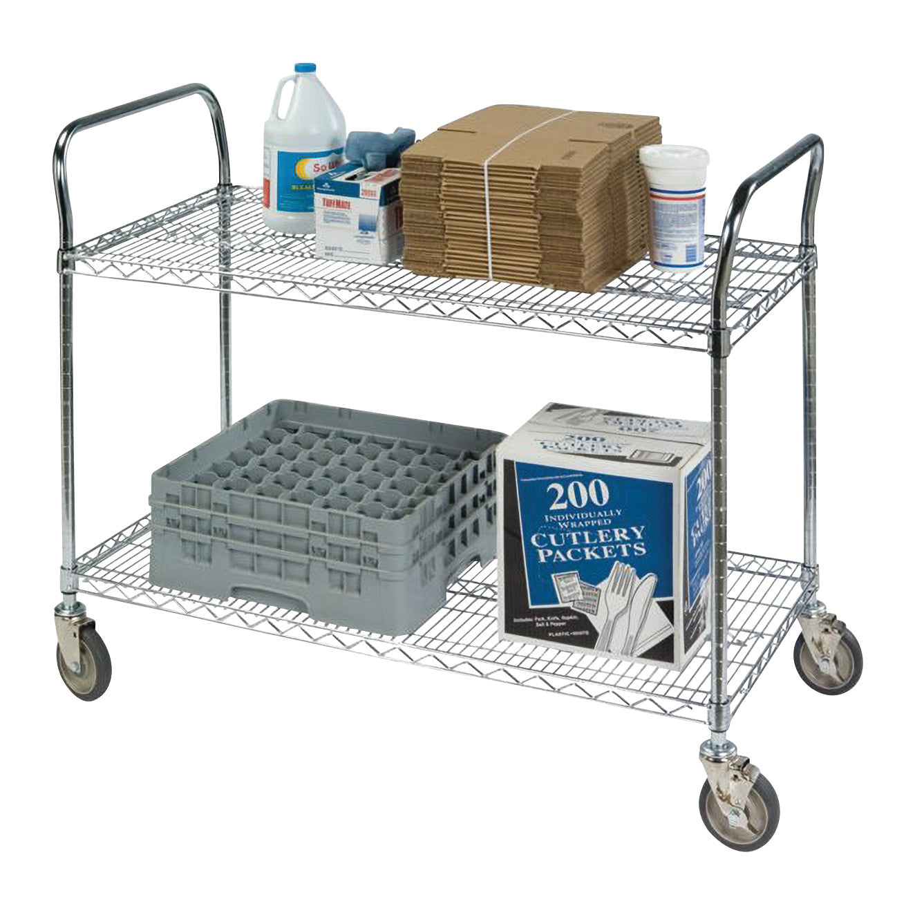 A Lakeside Heavy Duty Chrome Wire Shelf Utility Cart with two shelves. It holds cleaning supplies, cardboard, and cutlery packets.
