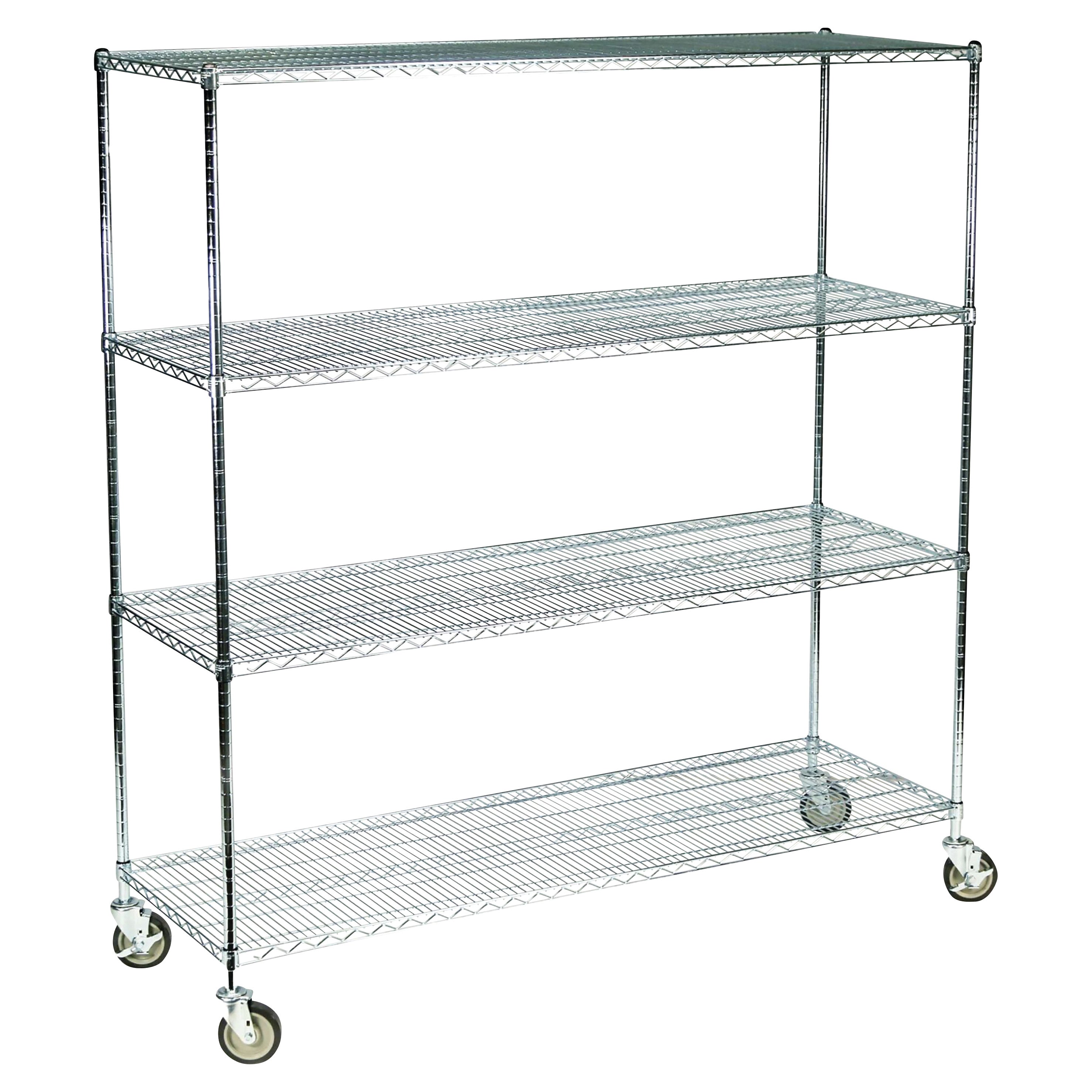 A Lakeside Wire Cart with four metal wire shelves and casters for mobility, designed for storage and transport.