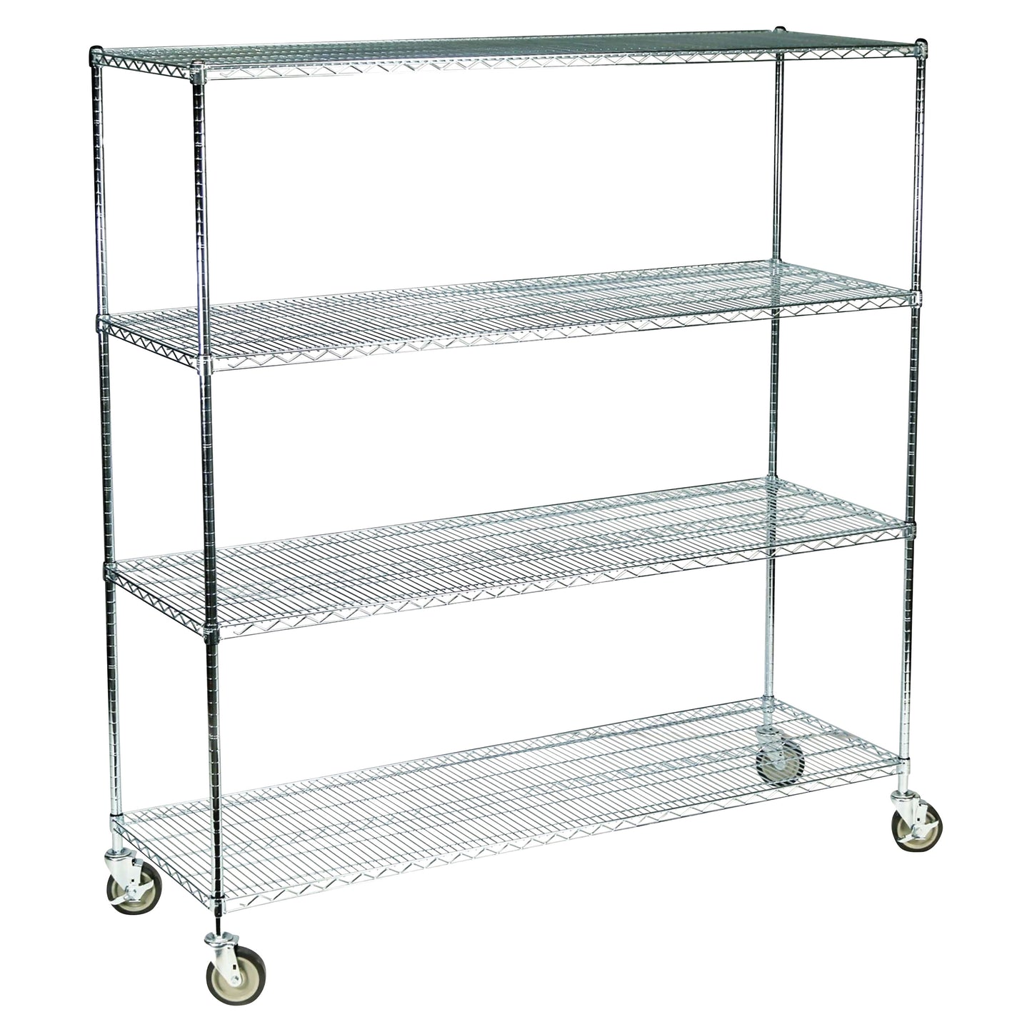 A Lakeside Wire Cart with four metal wire shelves and casters for mobility, designed for storage and transport.