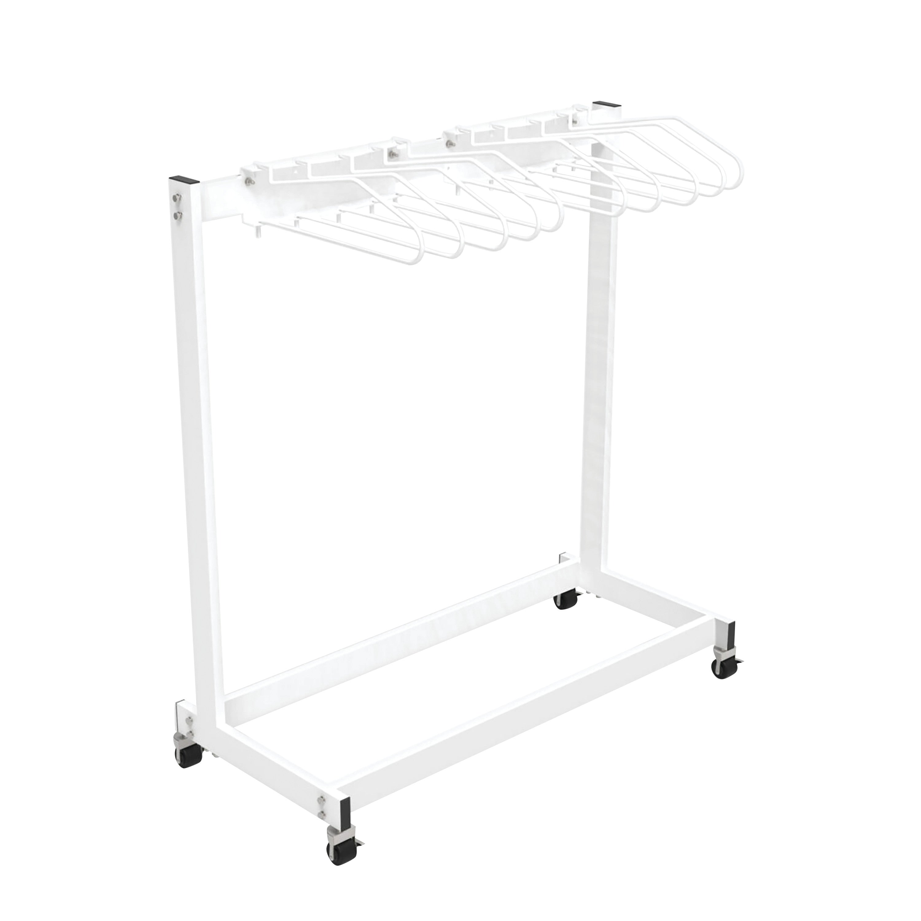 The Garment Style Mobile 10-Arm Apron Rack is a white metal rack on wheels, featuring ten arms for hanging items.