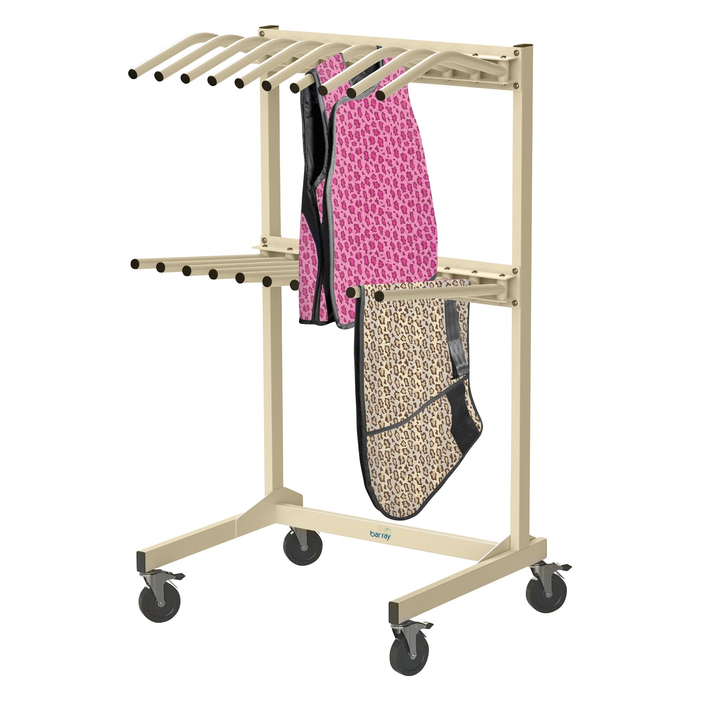 A Vest and Skirt Mobile Rack with hangers holding pink and beige leopard-print garments, designed for easy hanging and storing.