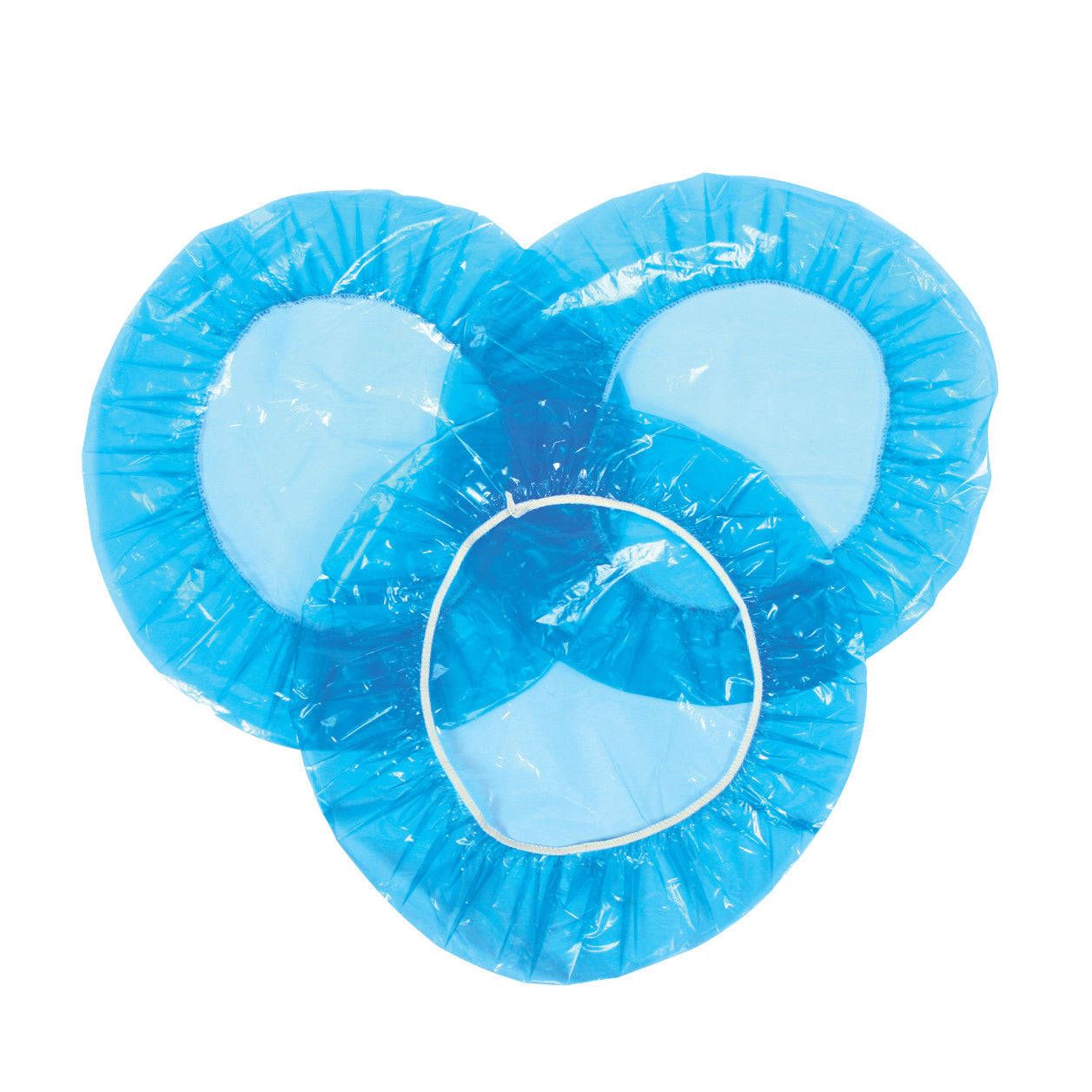 Three blue AliMed Hygienic Donut Covers, overlapping, with elastic edges and a transparent center.