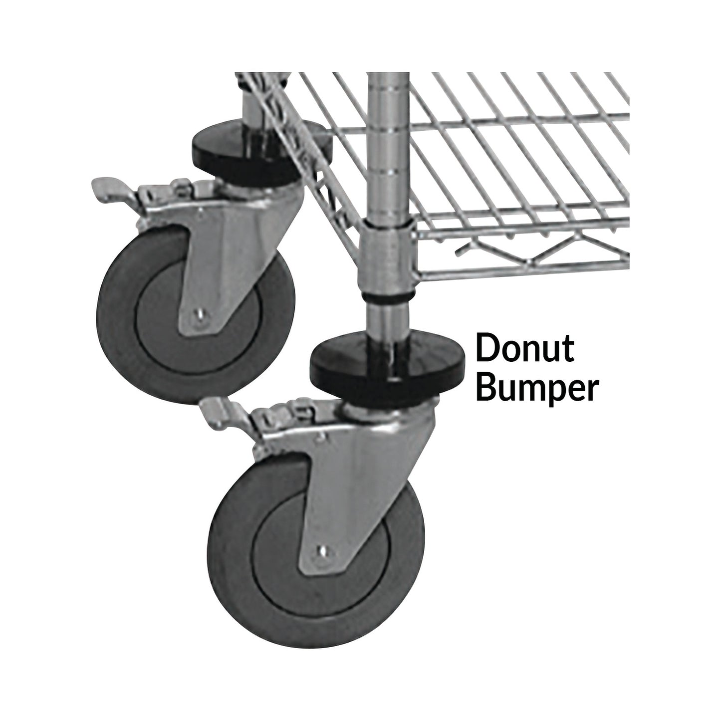 Close-up of a metal shelf with wheels and a black donut bumper. Text reads "Donut Bumper Set for Quantum Shelves."