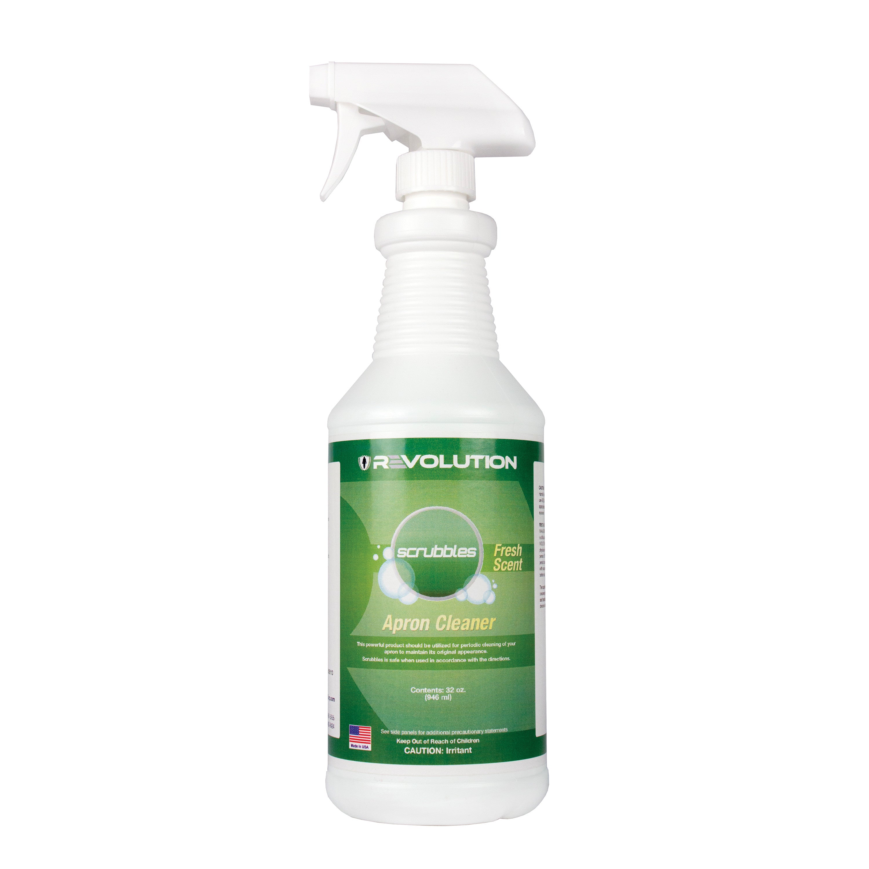 White spray bottle with a green label reading "Scrubbles Apron Cleaner, Fresh Scent." The brand "Revolution" is also shown.