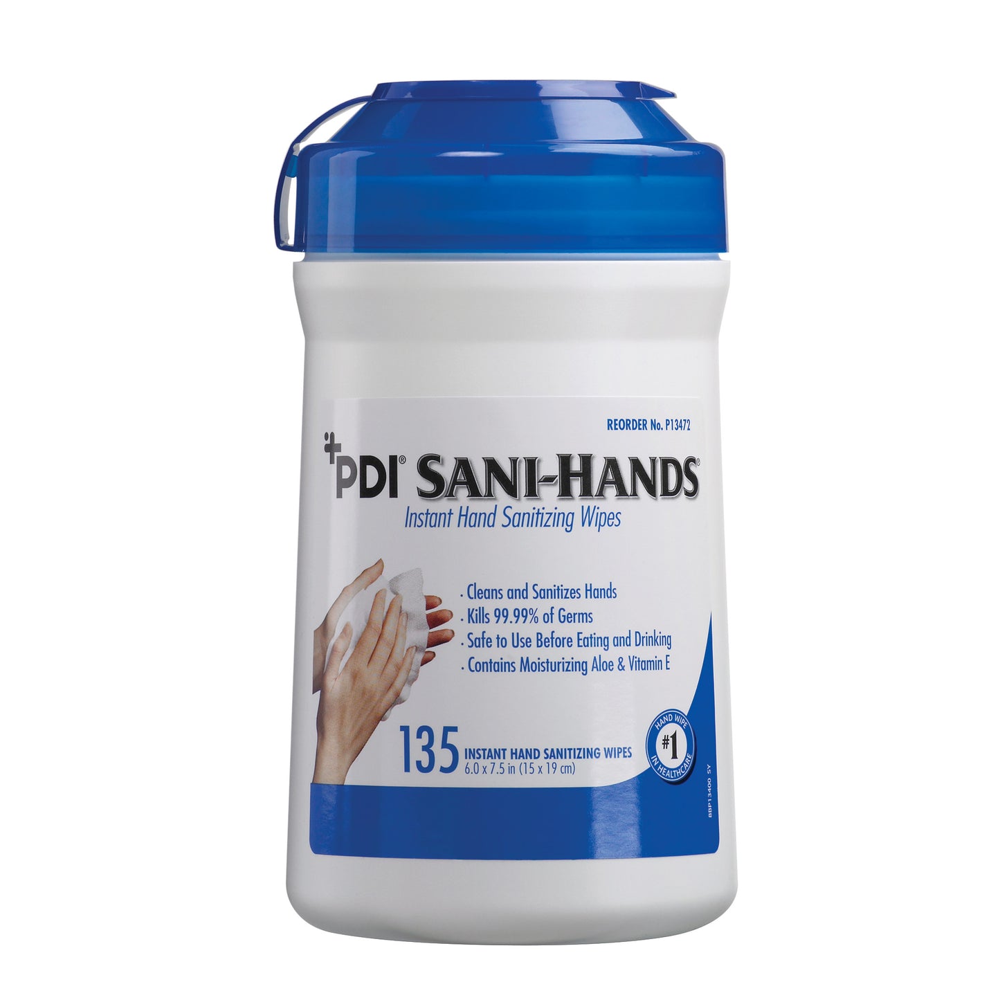 Container of PDI Sani-Hands Instant Hand Sanitizing Wipes with a blue lid. It contains 135 wipes, kills 99.99% of germs.