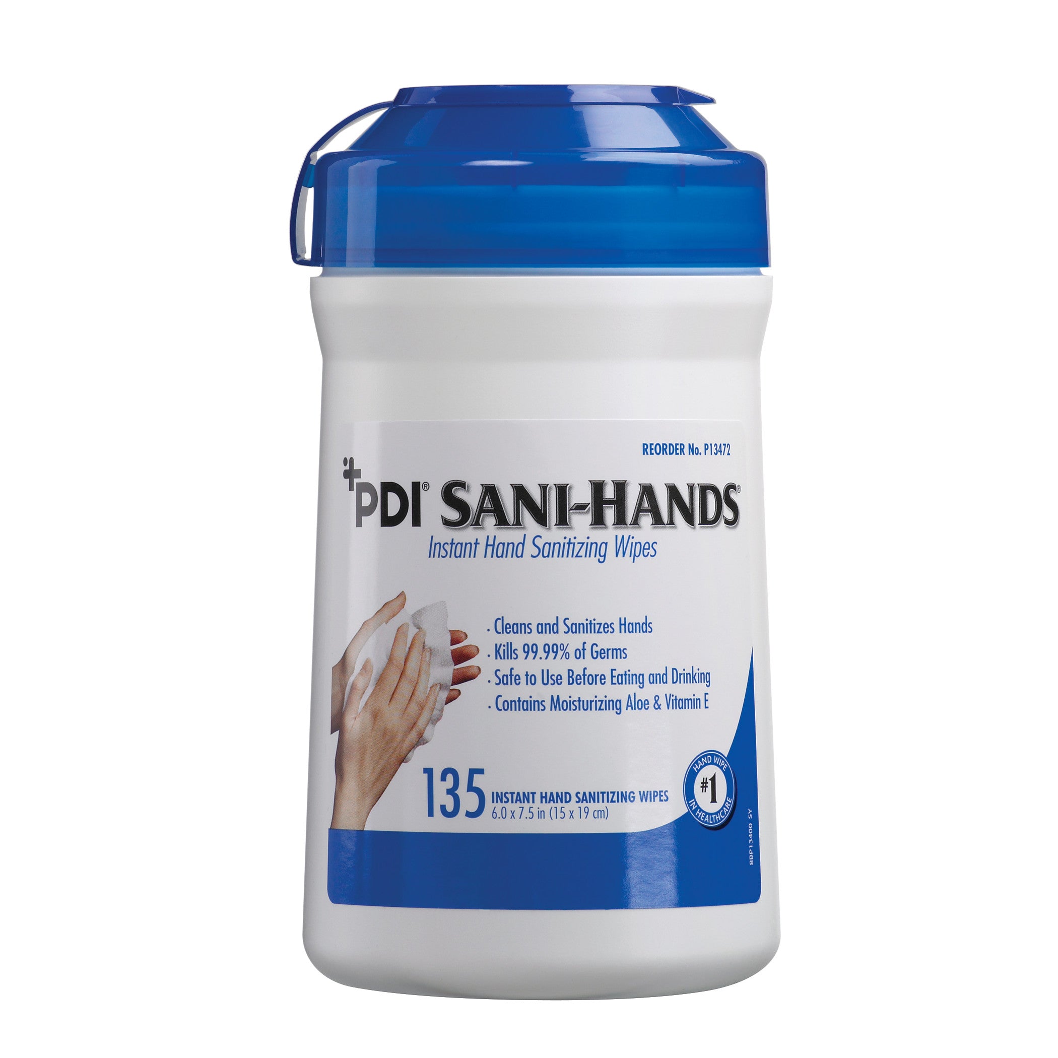 Container of PDI Sani-Hands Instant Hand Sanitizing Wipes with a blue lid. It contains 135 wipes, kills 99.99% of germs.