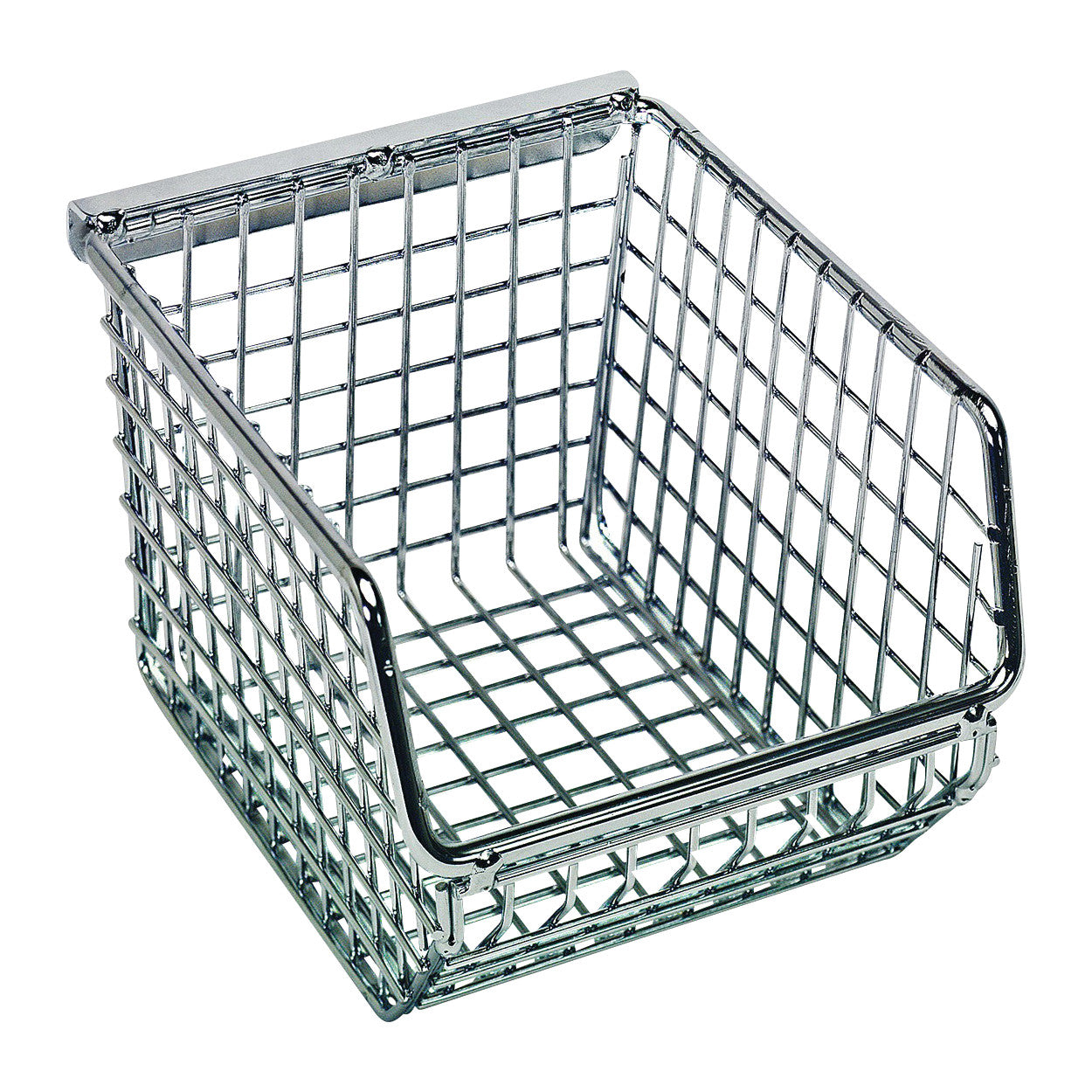 A Quantum Mesh Stack and Hang Wire Bin, featuring a metal wire grid design with a slightly lowered front for easy access.