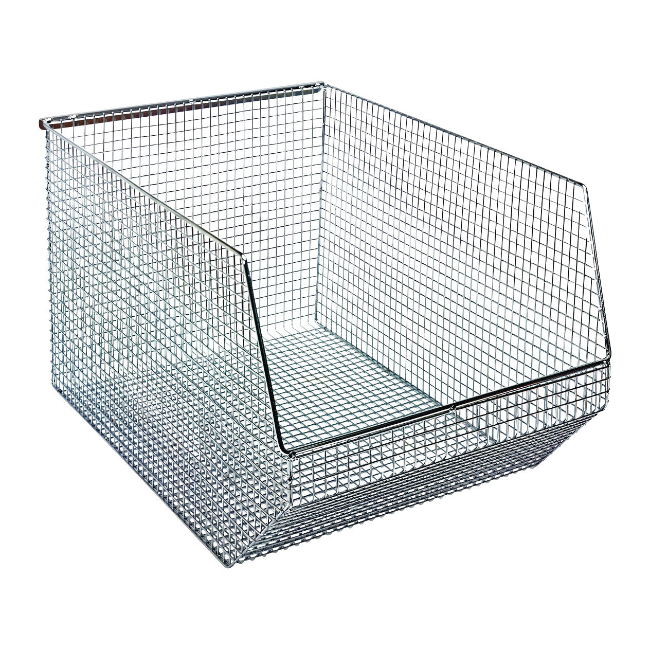 A Quantum Mesh Stack and Hang Wire Bin with a slanted open front for easy access. Made of metallic wire with a grid design.