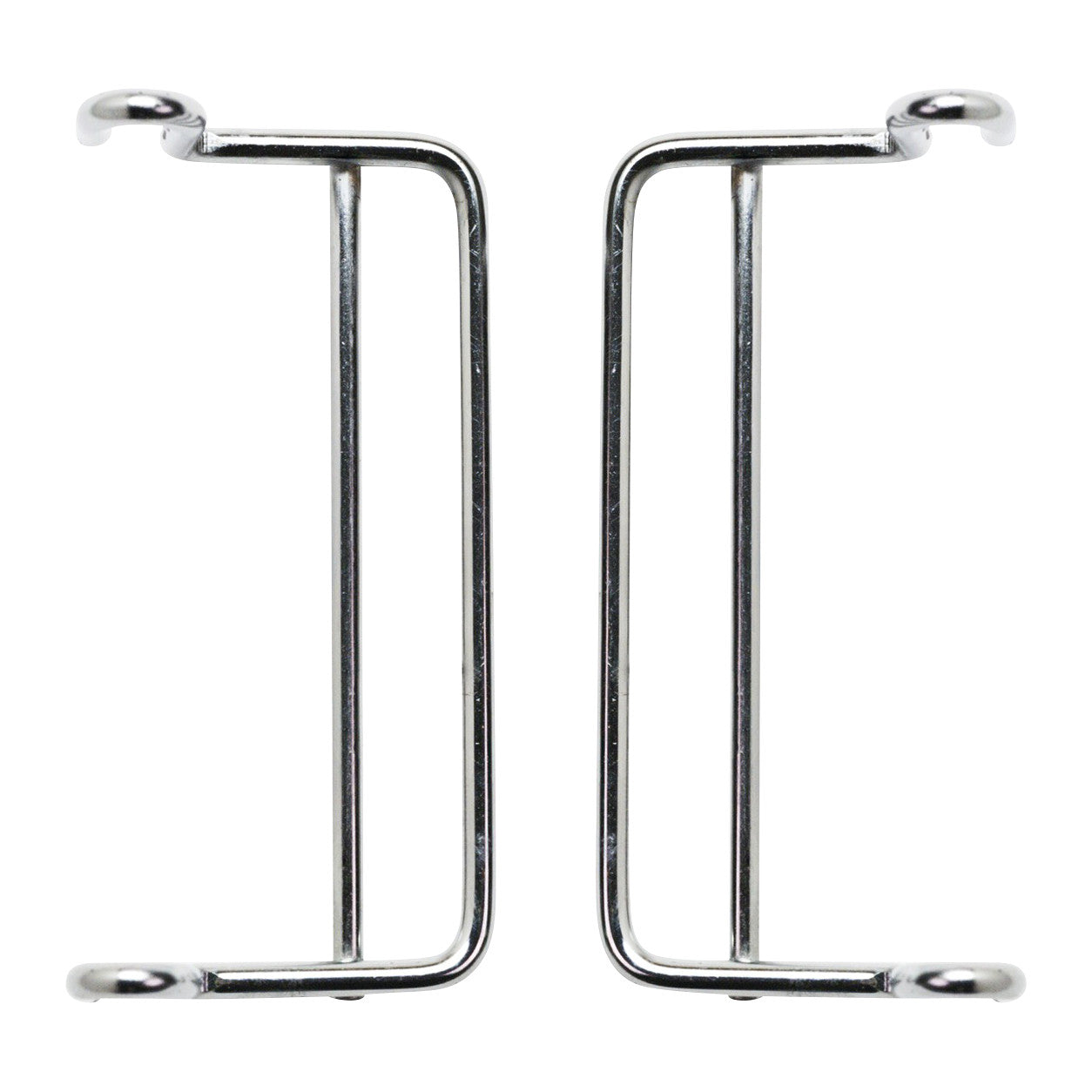 Two metal Side-Stacking Ledges for Quantum Mesh Stack and Hang Wire Bin, shaped in a hook-like design, shown side by side.