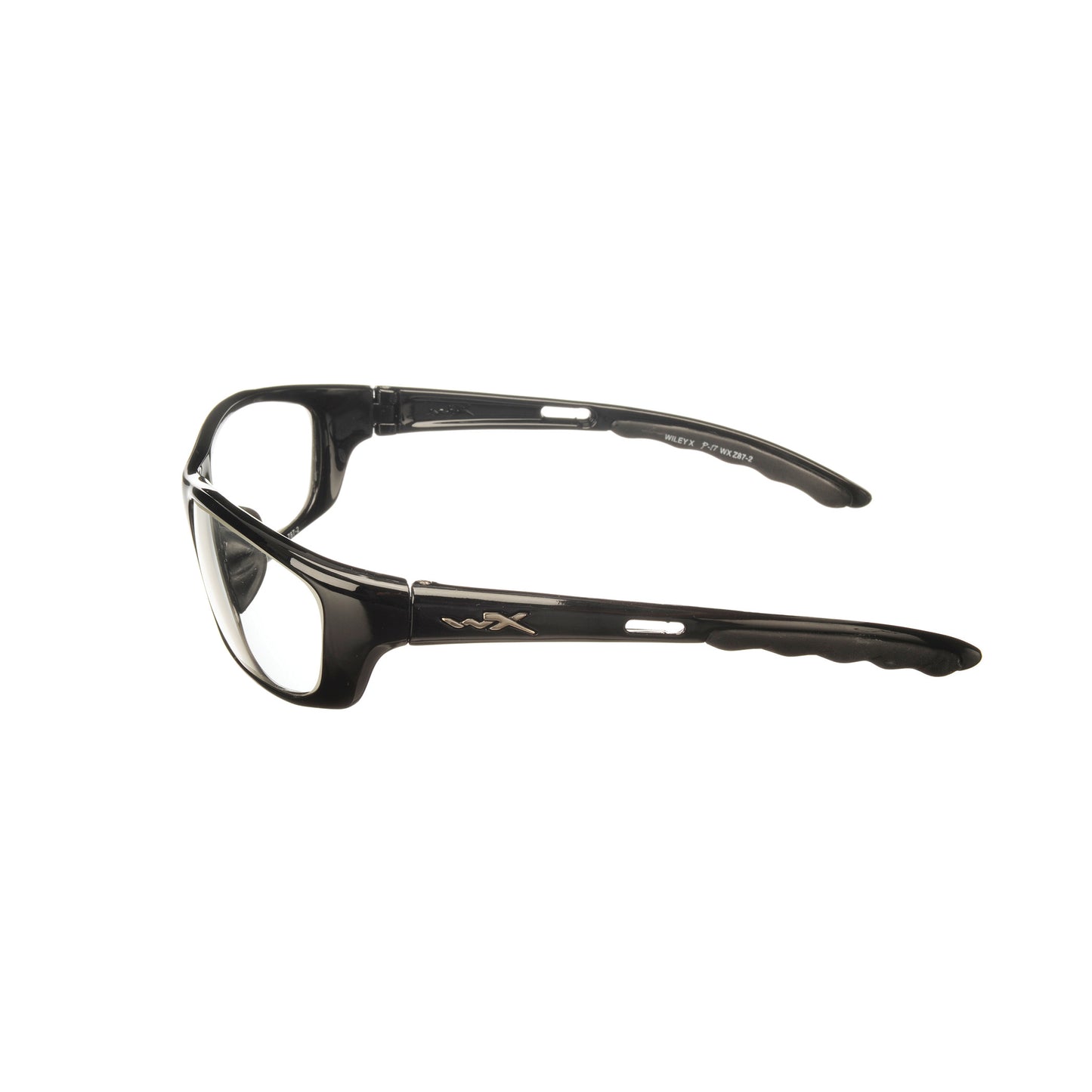Side view of black Wiley X P-17 Wraparound Radiation Protection Glasses with clear lenses and wx logo on the temple.