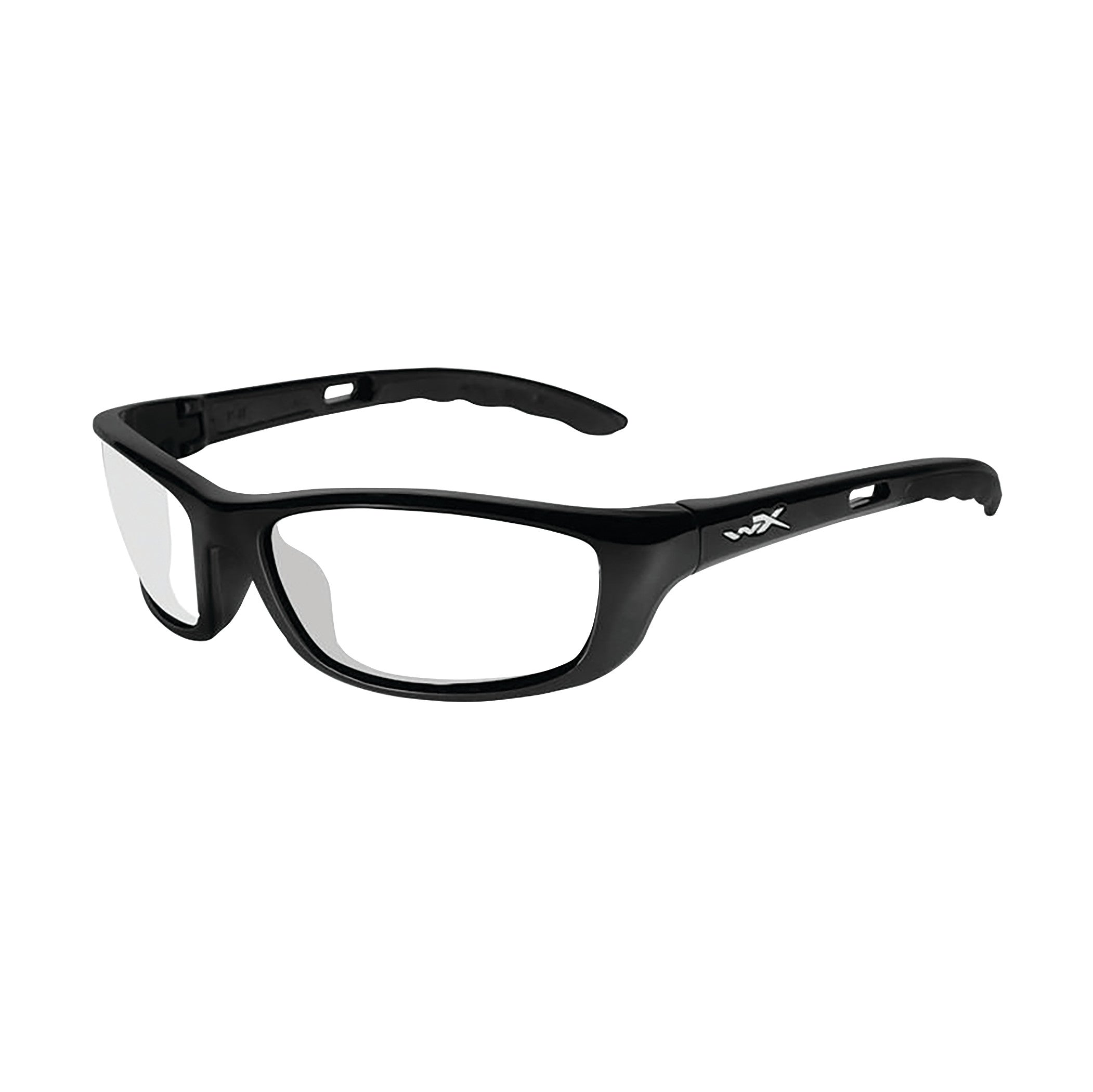 Wiley X P-17 Wraparound Radiation Protection Glasses; black frame with clear lenses, featuring a wraparound design.