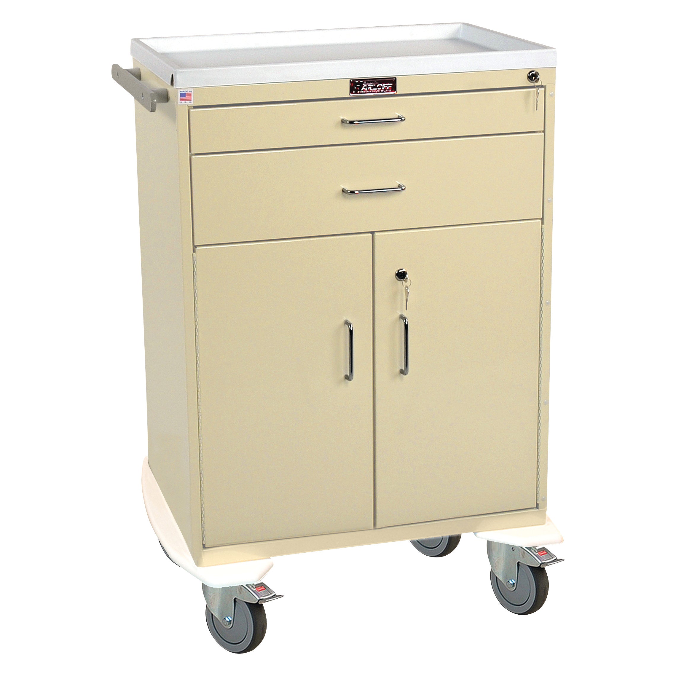 AliMed 2-Drawer Procedure Cart with Cabinet; beige, on wheels, with a handle and lockable doors and drawers.