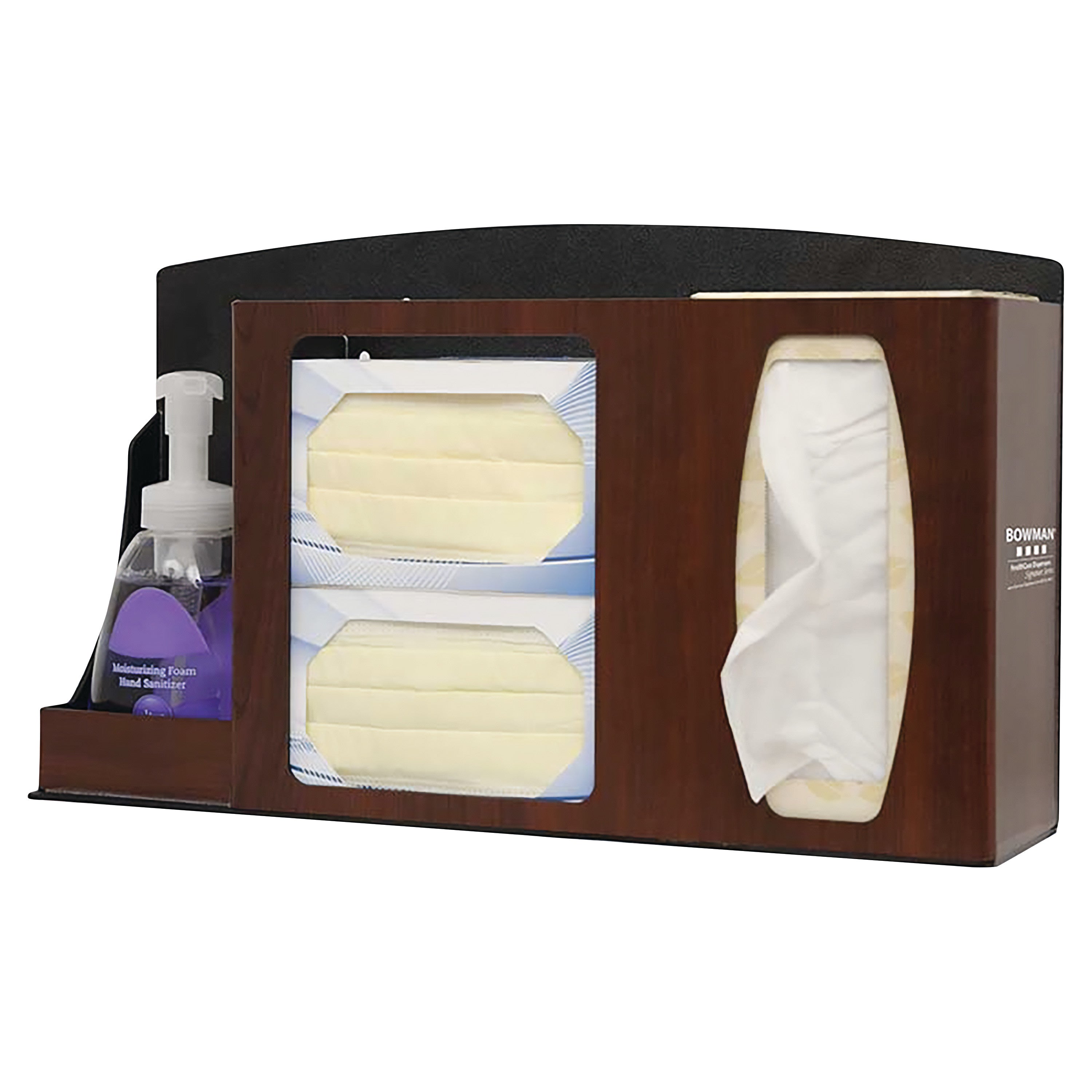 Bowman Basic Counter/Wall Hygiene Center with hand sanitizer, two mask boxes, and tissue dispenser in a wooden frame.