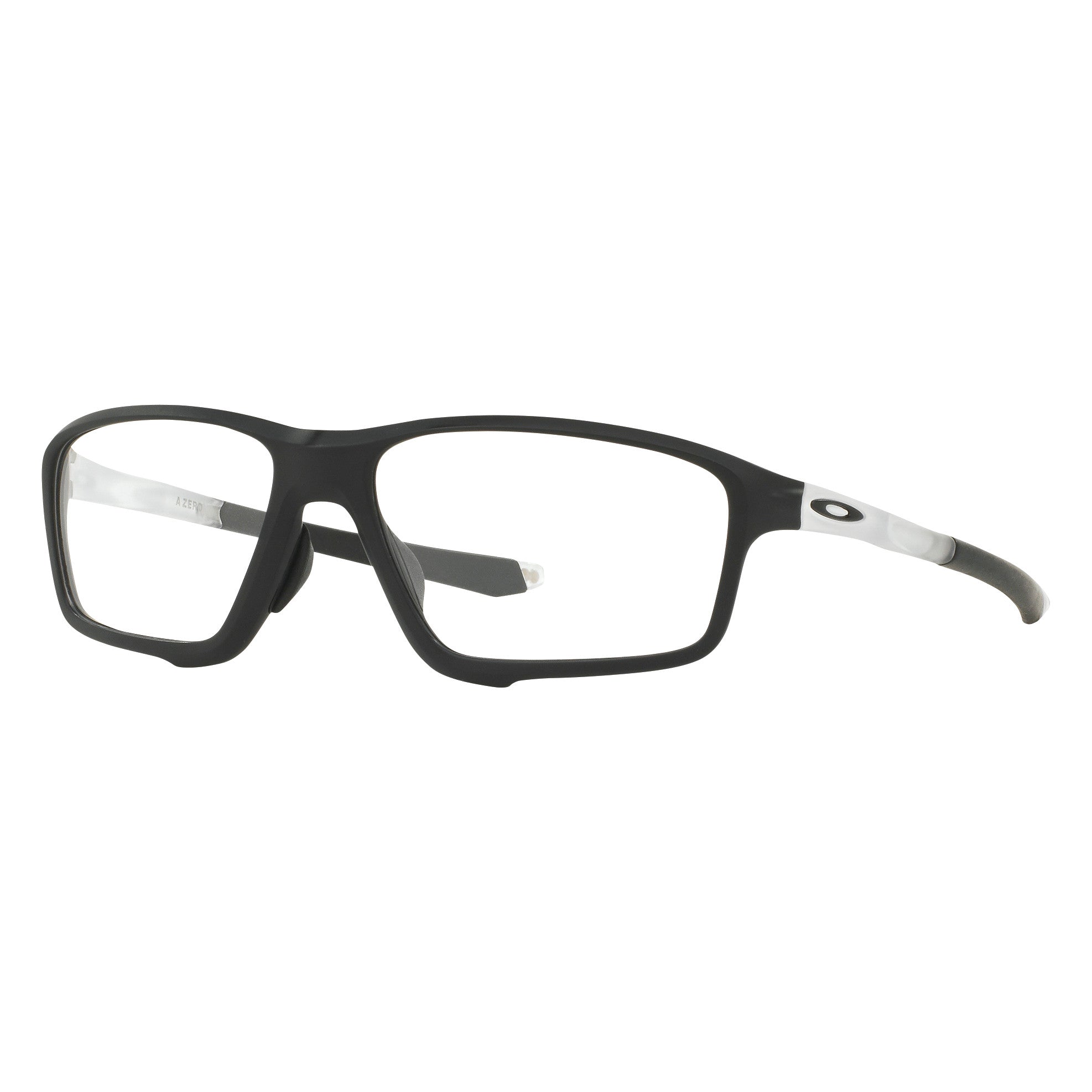 Oakley Crosslink Radiation Protection Eyewear with rectangular black frames and clear lenses is shown on a white background.