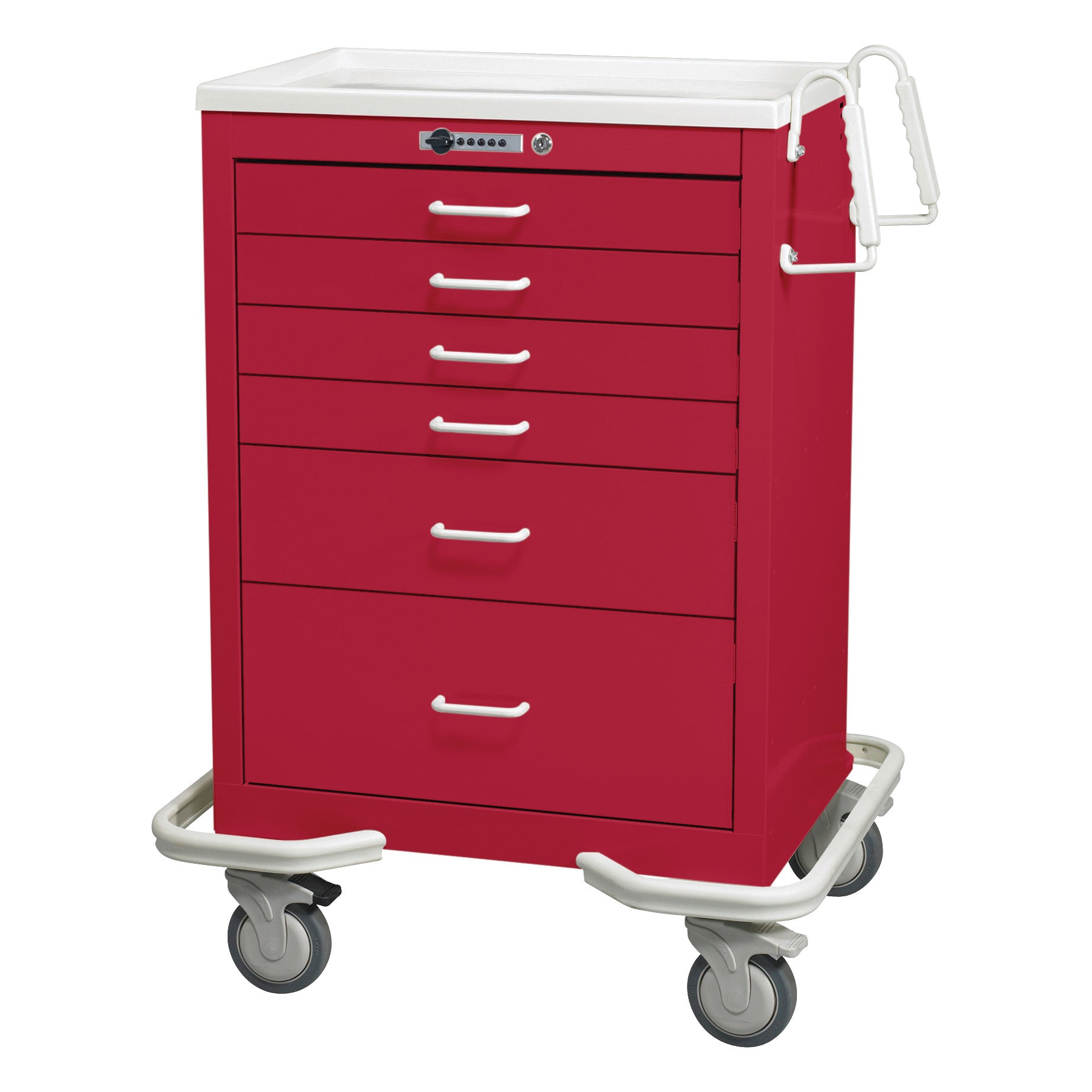 Red AliMed Standard Series 6-Drawer Anesthesia/Procedure Cart with Push-Button Lock, 27" drawer space, white handles and wheels.