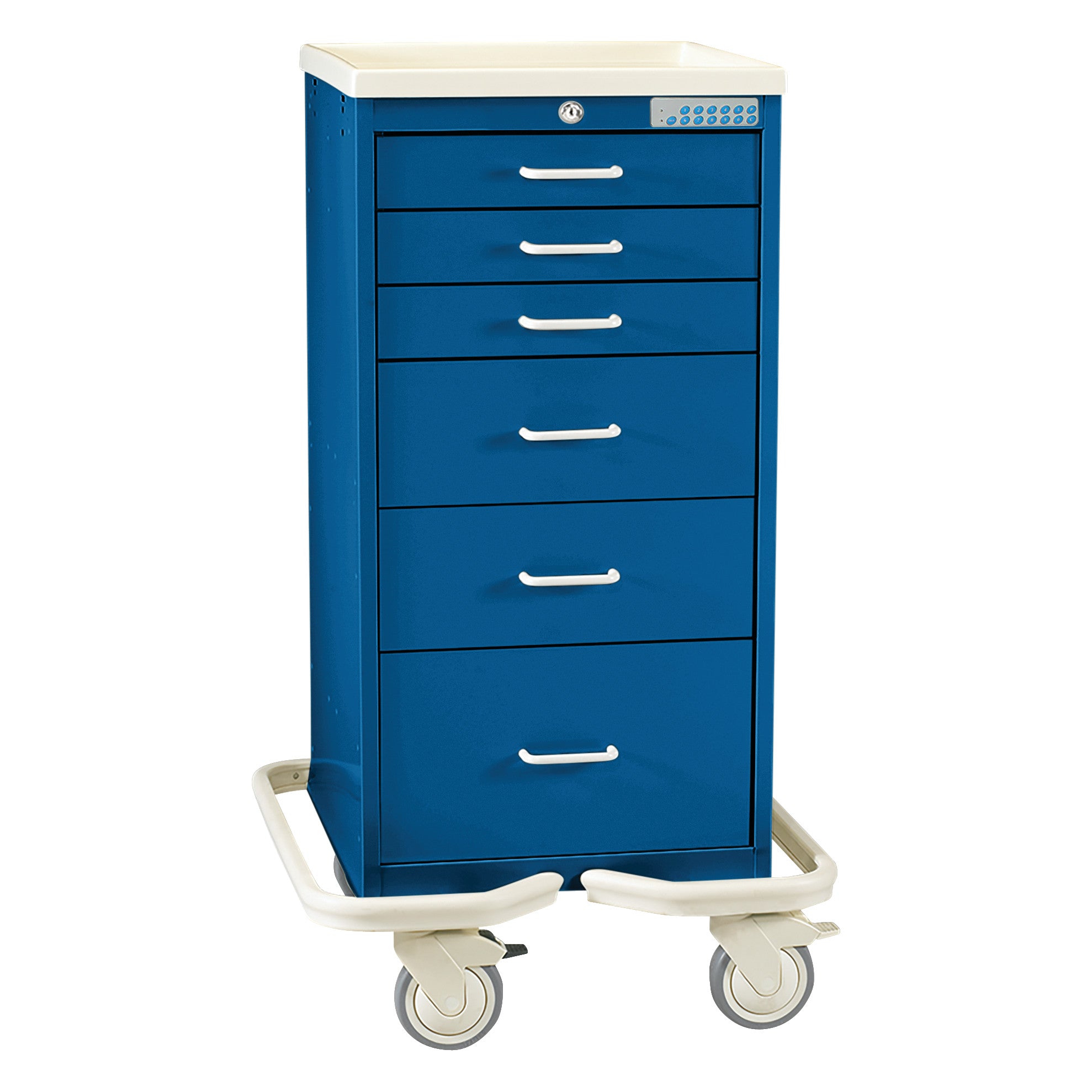 Blue AliMed Mini Series 6-Drawer Anesthesia/Procedure Tower Cart with Electronic Lock, featuring handles and caster wheels.