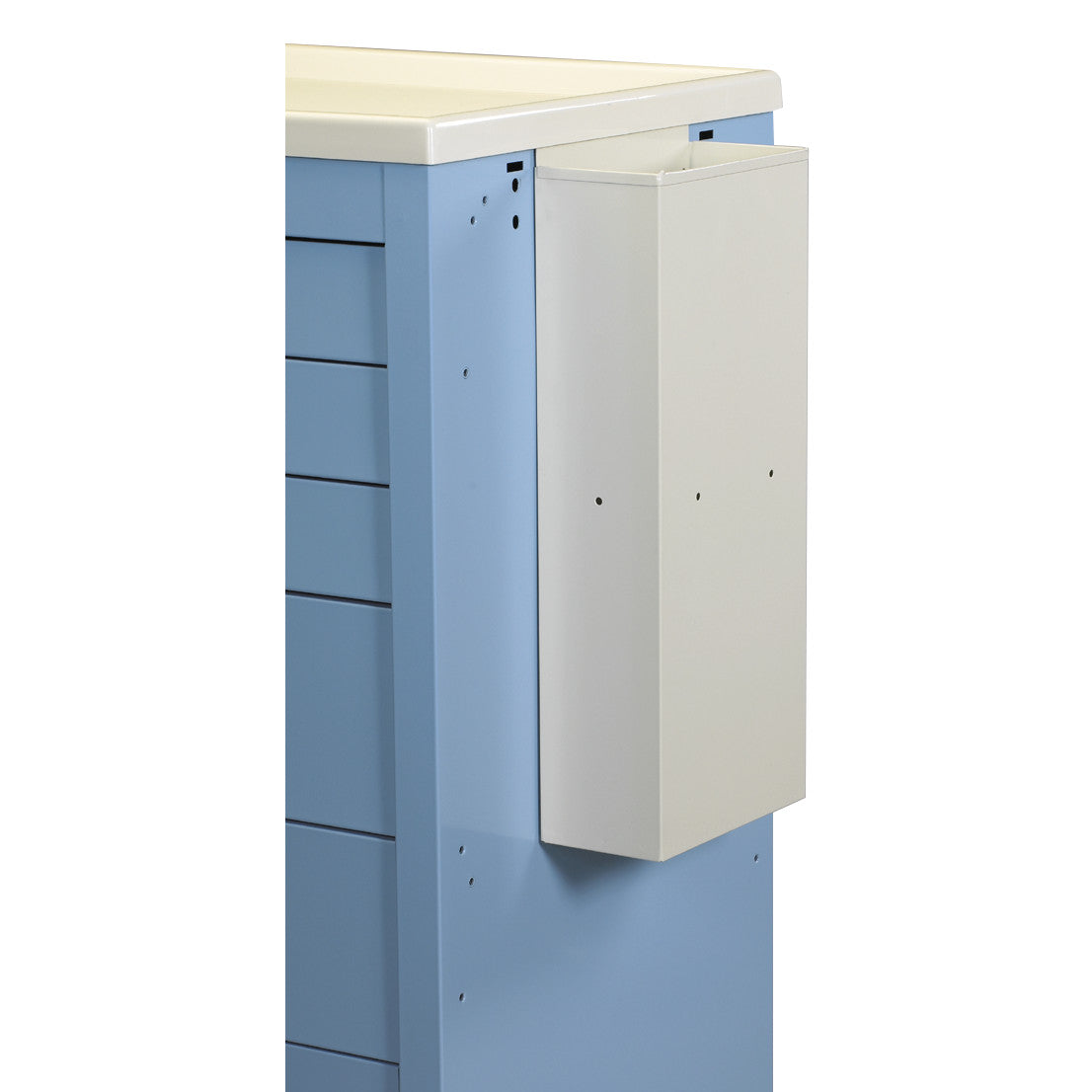 A "AliMed Cart Accessory: Catheter Holder for Select/Standard/Wide Series Medical Carts" attached to the side of a blue cart.