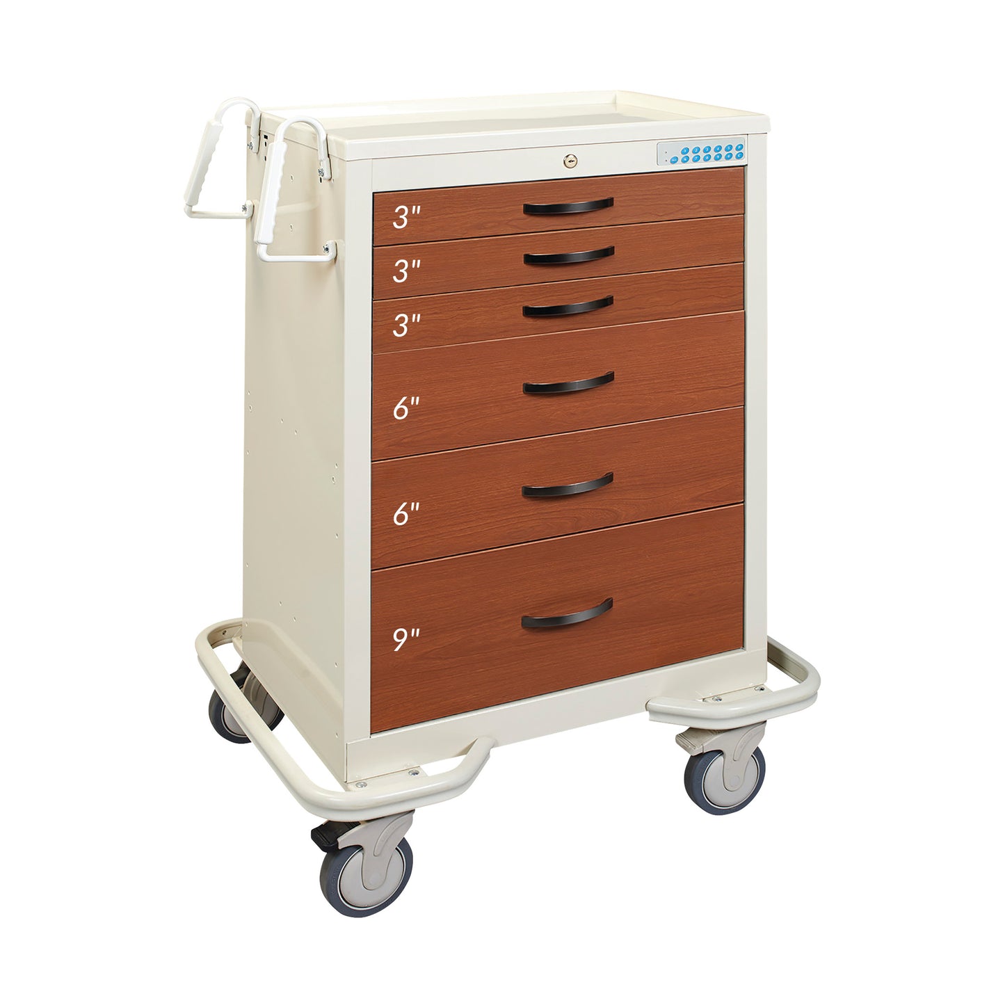 The AliMed Standard Series 6-Drawer Wood-Look Medical Cart features brown drawers labeled with dimensions and has caster wheels.