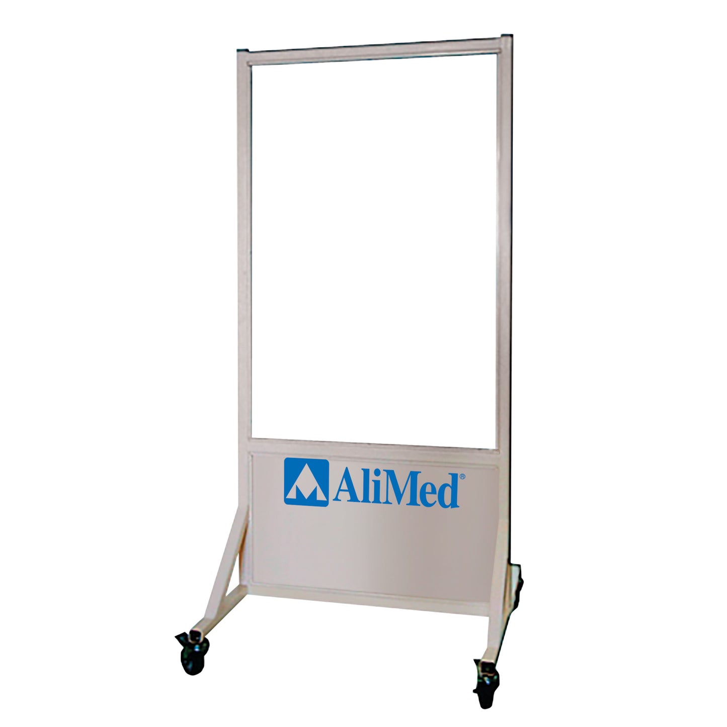 AliMed Mobile Leaded Glass Barrier with frame and wheels, featuring a lower panel displaying the AliMed logo.
