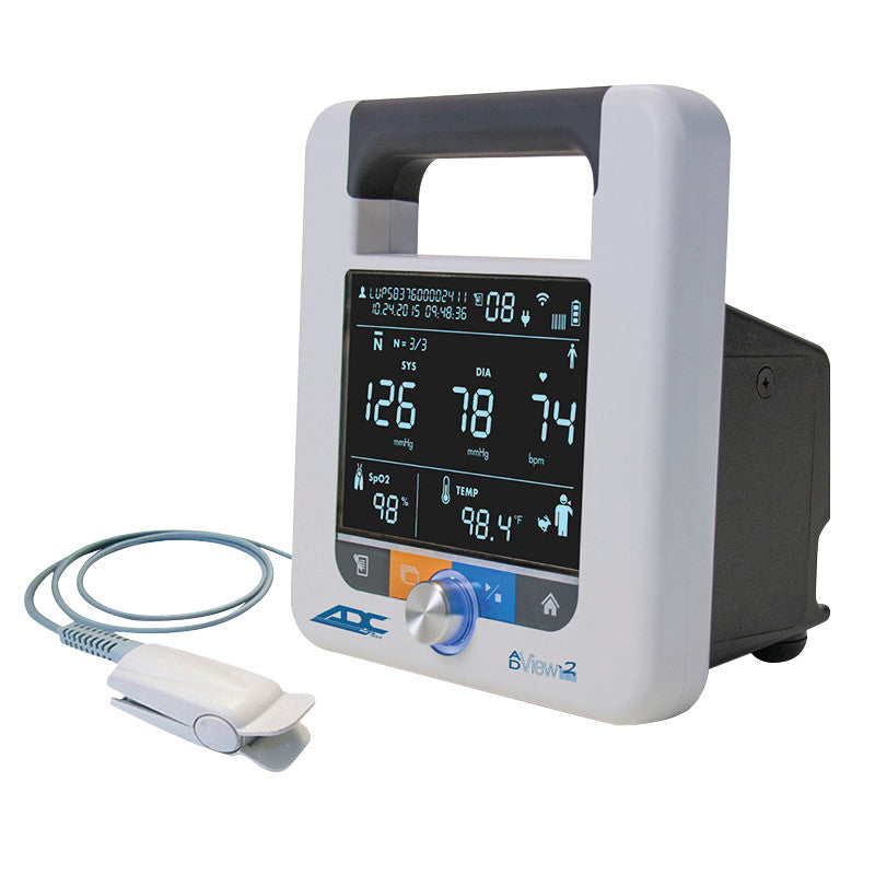 ADC ADView 2 Modular Diagnostic Station displaying vitals like blood pressure, heart rate, and temperature. A probe is attached.