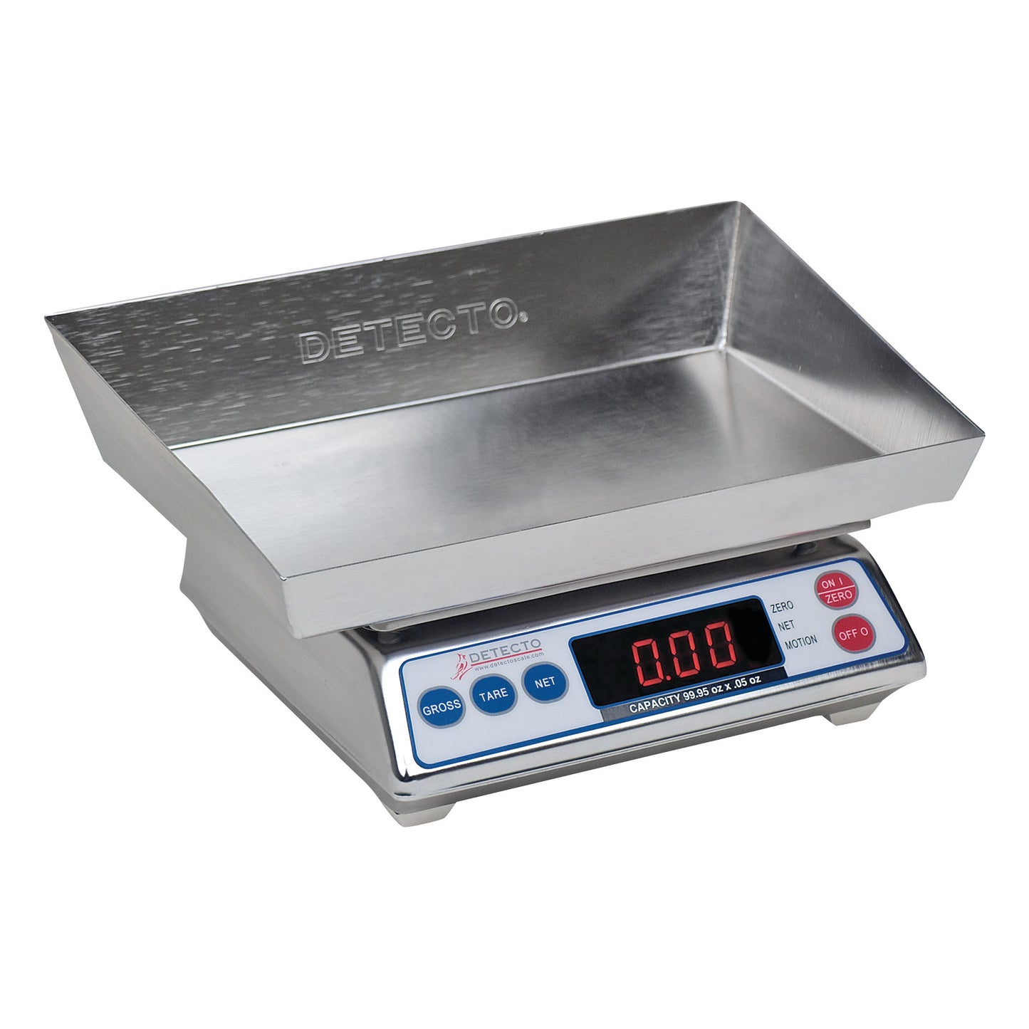 A DETECTO Wet Diaper/Lap Sponge Scale with a stainless steel tray and digital display showing 0.00. It features control buttons.