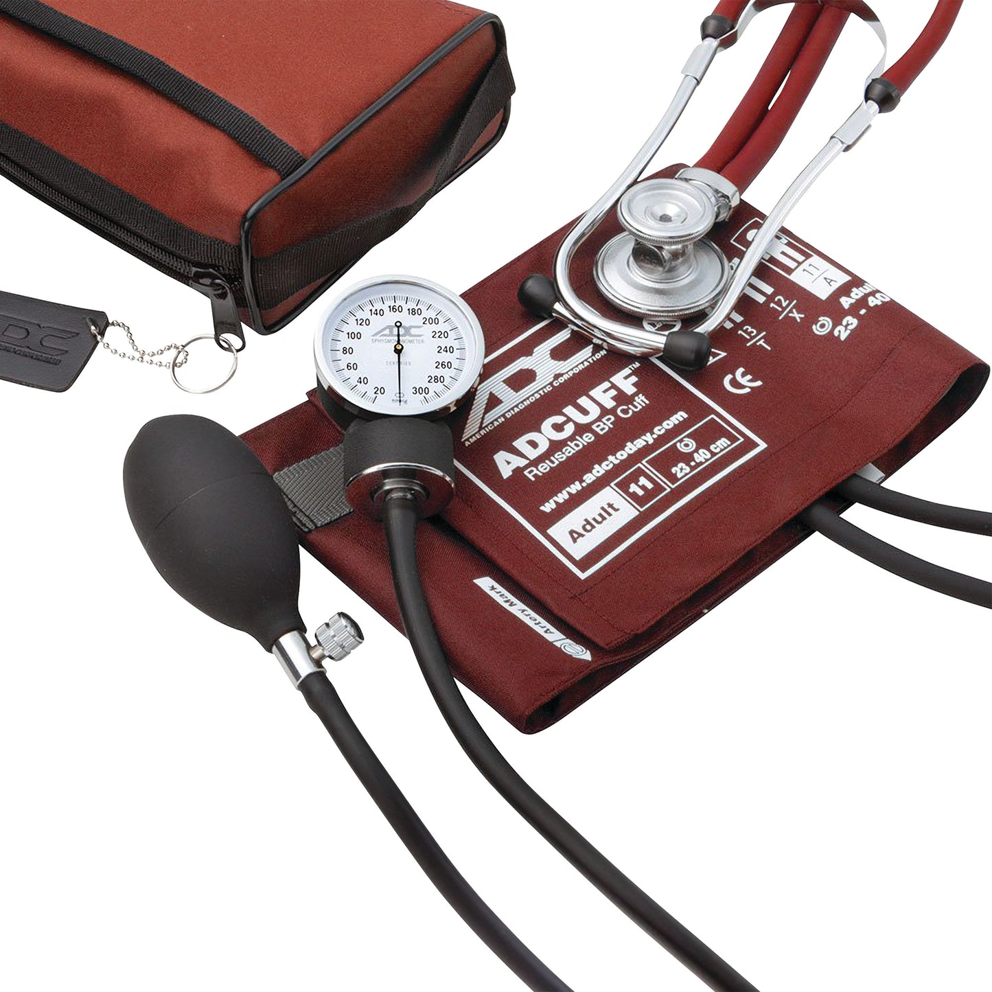 ADC Pro's Combo II SR Pocket Aneroid/Sprague Kit, featuring a maroon blood pressure cuff, gauge, inflation bulb, and stethoscope.