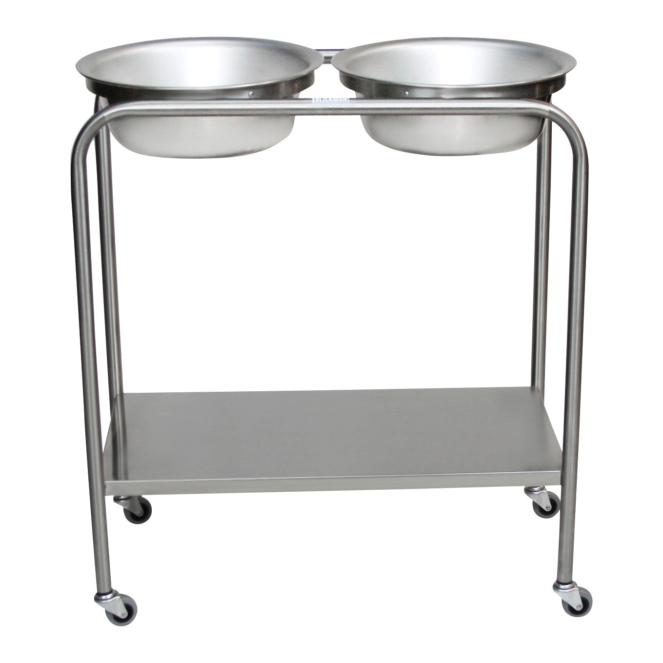 Blickman Double Basin Solution Stand with two stainless steel basins, a lower shelf, and four caster wheels.